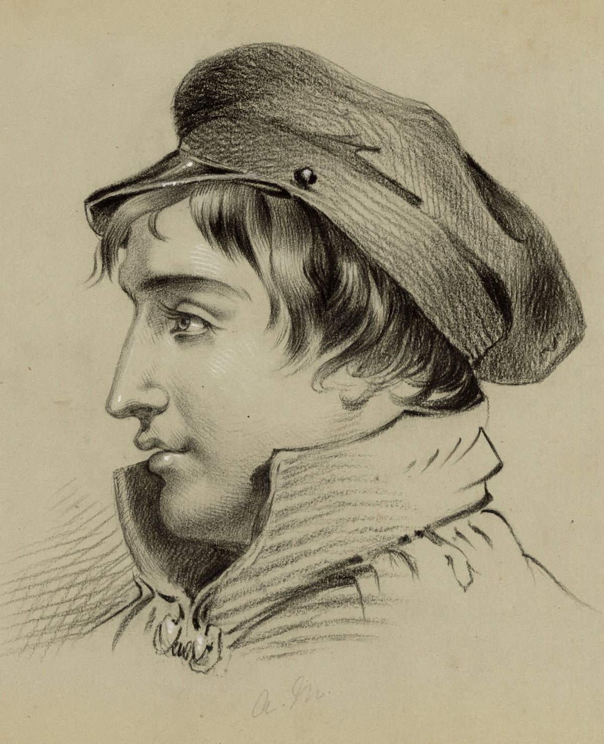Alice J. Morton, Portrait of a Young Man with Cap – Mid-19th-century charcoal drawing