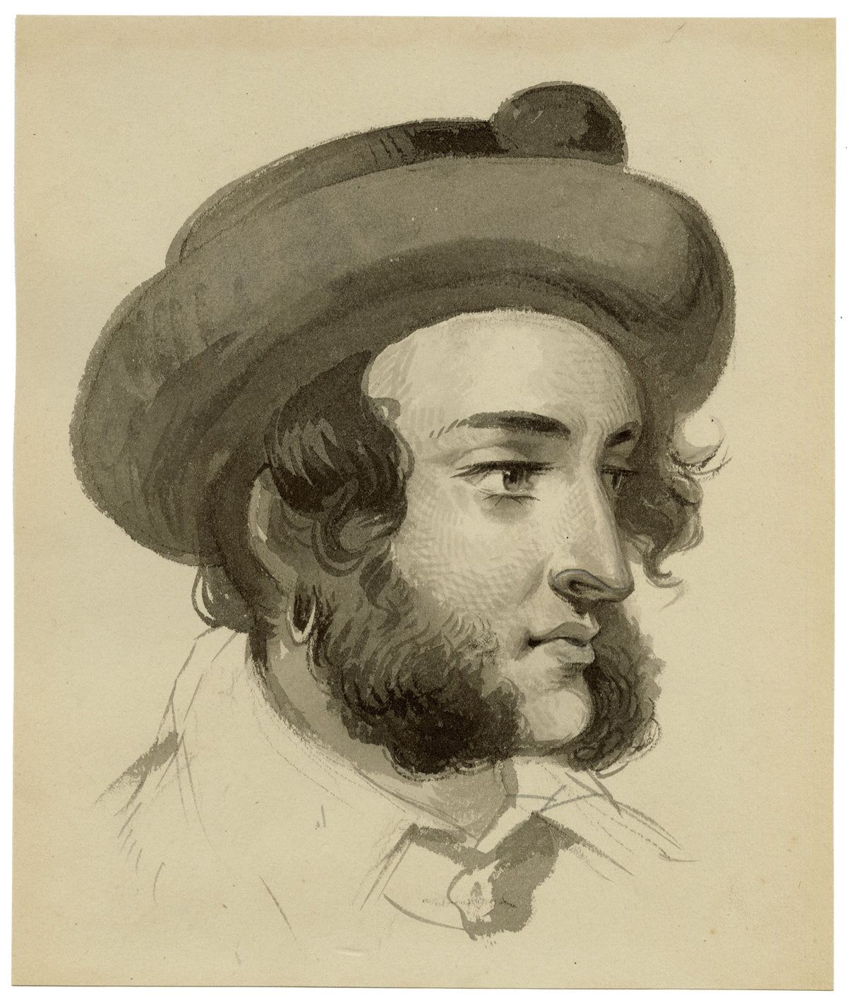 Alice J. Morton, Portrait of a Young Man with Hat – Mid-19th-century watercolour painting