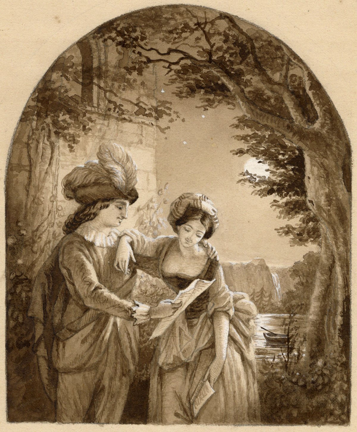 Anon., Italianate Lovers by Moonlight – Mid-19th-century watercolour painting