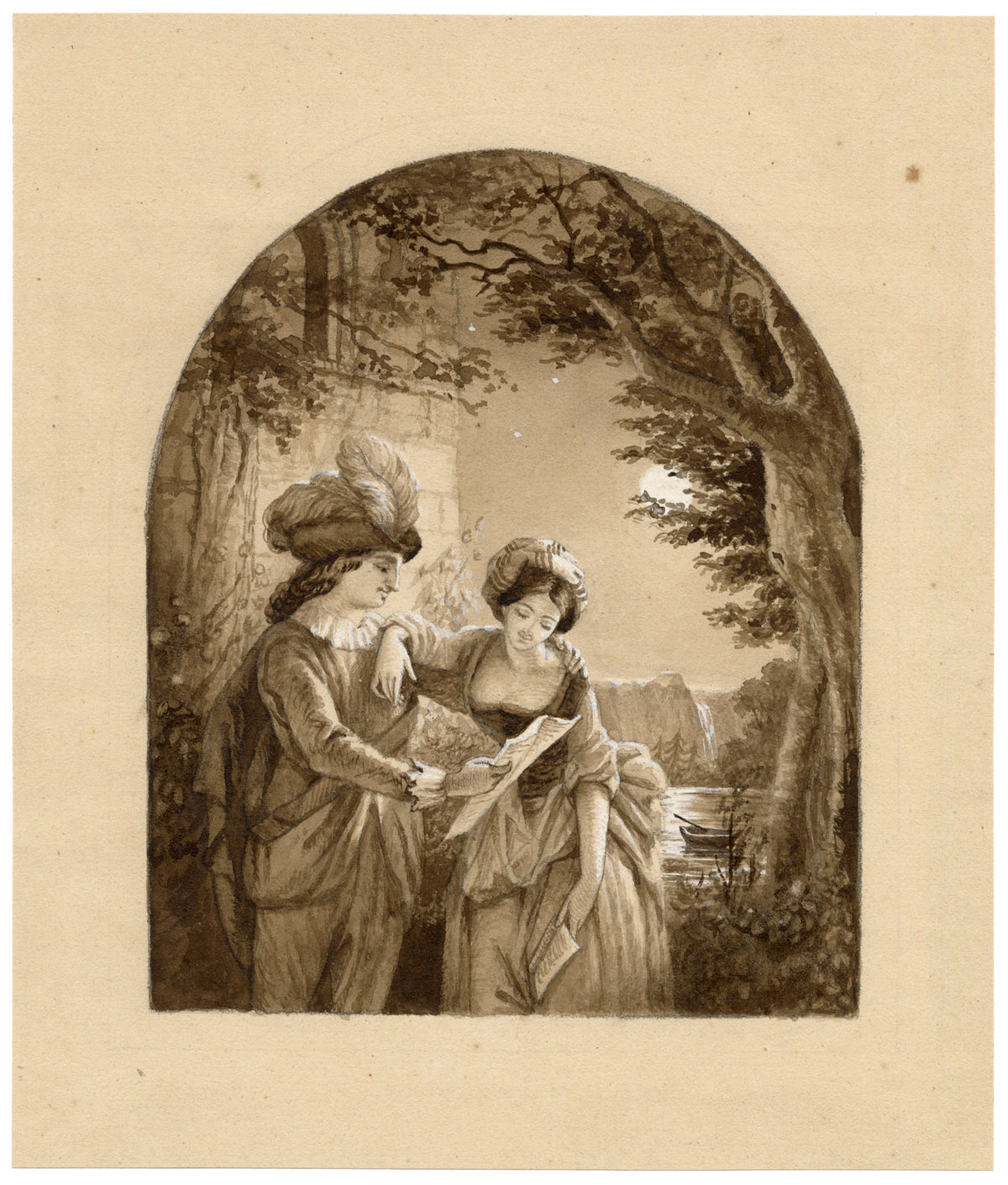 Anon., Italianate Lovers by Moonlight – Mid-19th-century watercolour painting