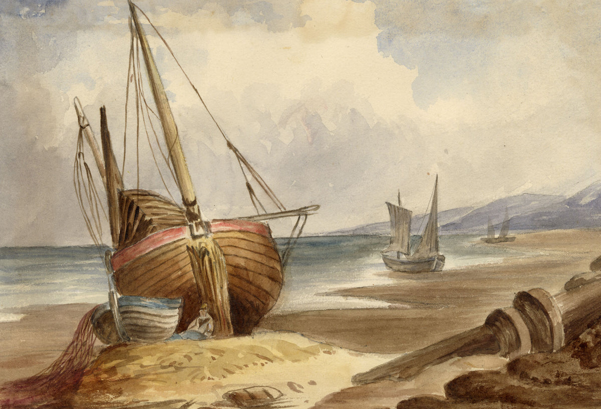 Anon., Fishing Boats on the Beach – Mid-19th-century watercolour painting