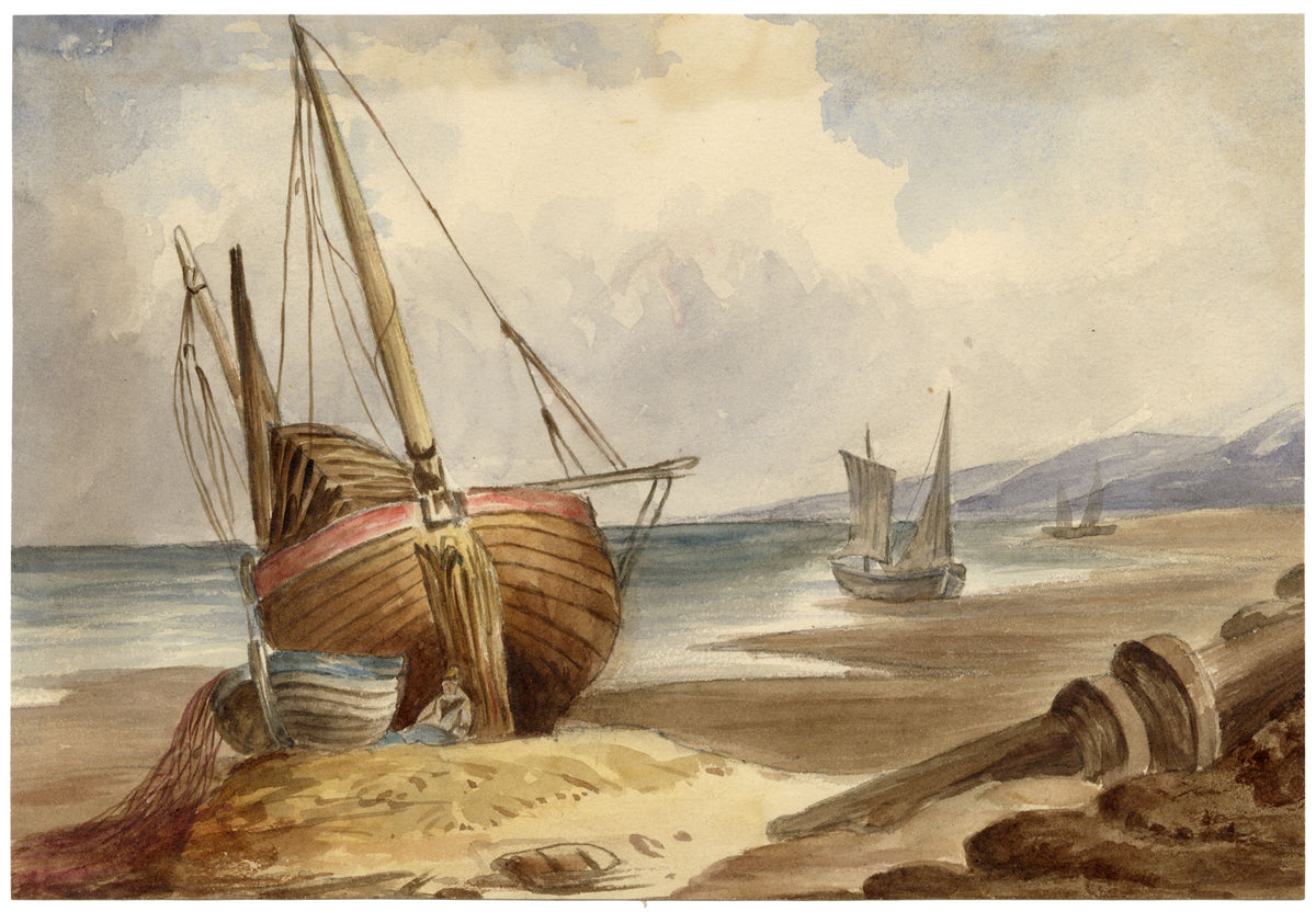 Anon., Fishing Boats on the Beach – Mid-19th-century watercolour painting