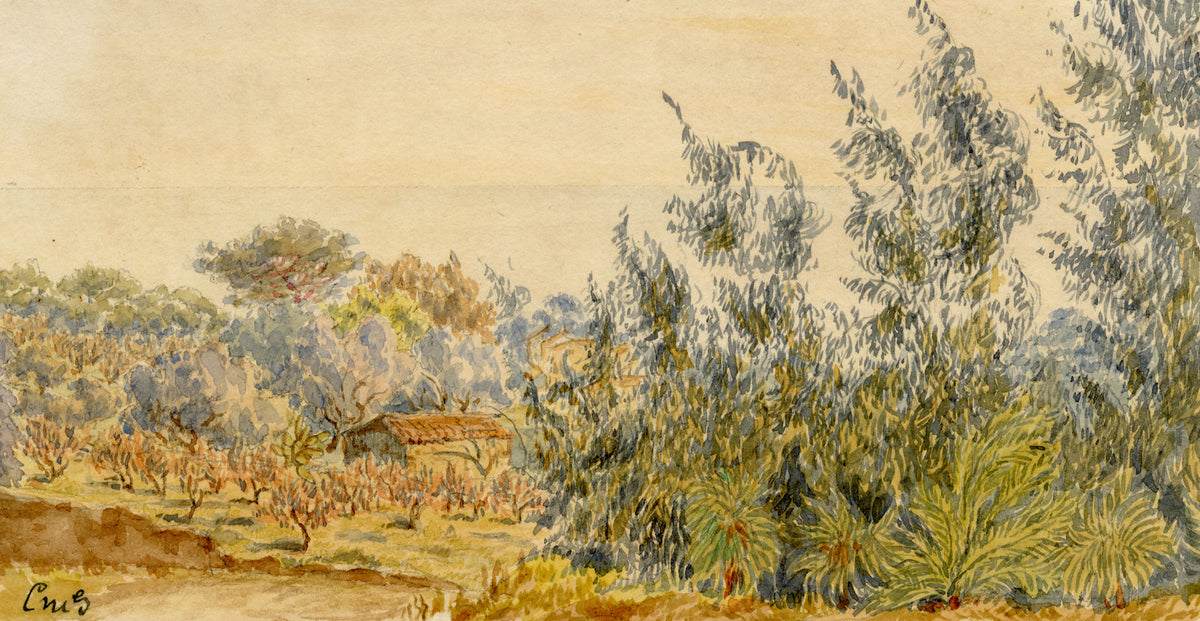 Constance Maria Stopford née Hammersley, Olive Trees & Palms on the Coast, French Riviera – Late 19th-century watercolour painting