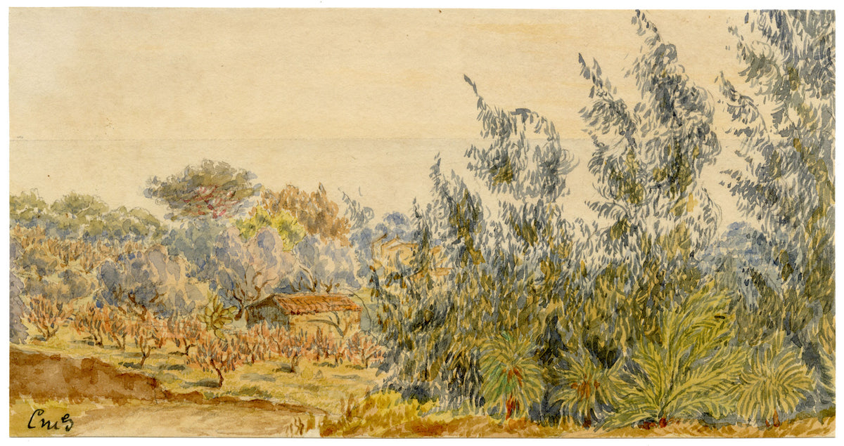 Constance Maria Stopford née Hammersley, Olive Trees & Palms on the Coast, French Riviera – Late 19th-century watercolour painting