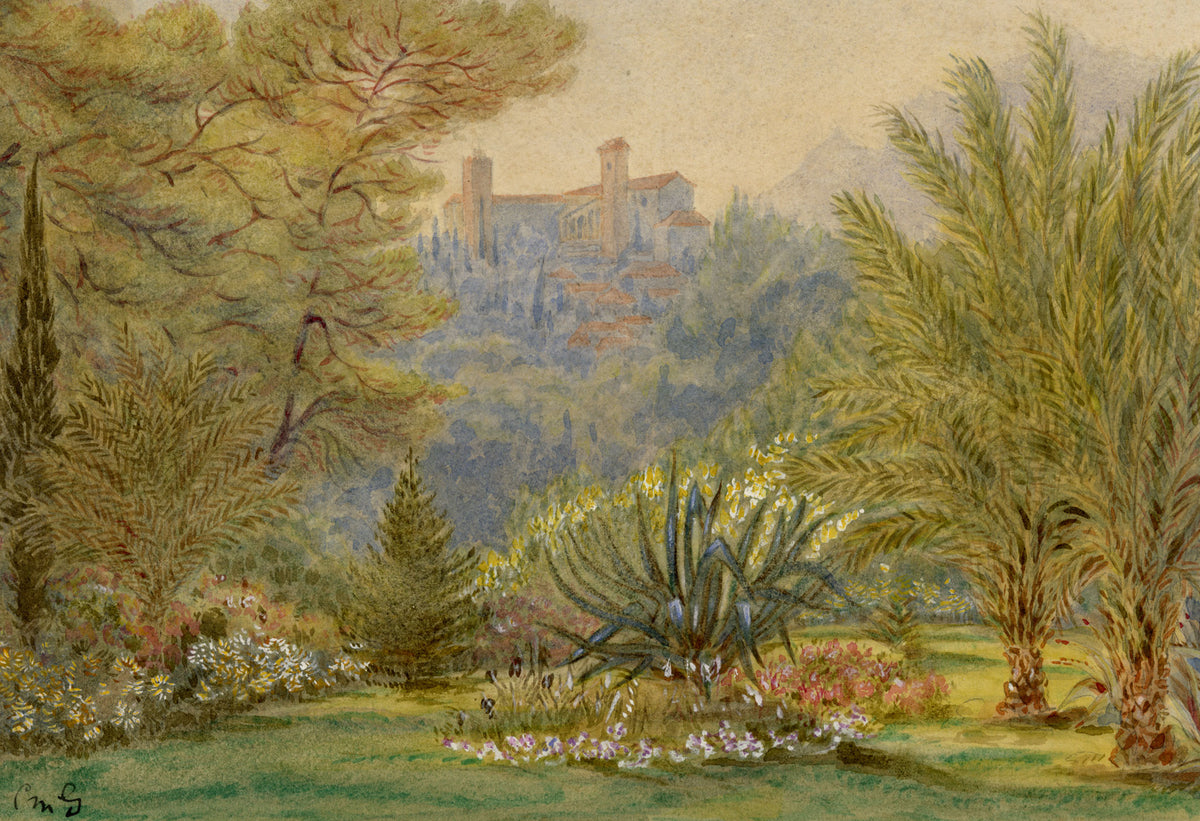 Constance Maria Stopford née Hammersley, Garden of Hotel du Paradis, Cannes, French Riviera – 1881 watercolour painting