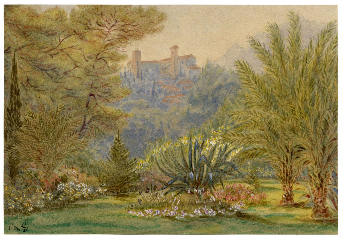 Constance Maria Stopford née Hammersley, Garden of Hotel du Paradis, Cannes, French Riviera – 1881 watercolour painting