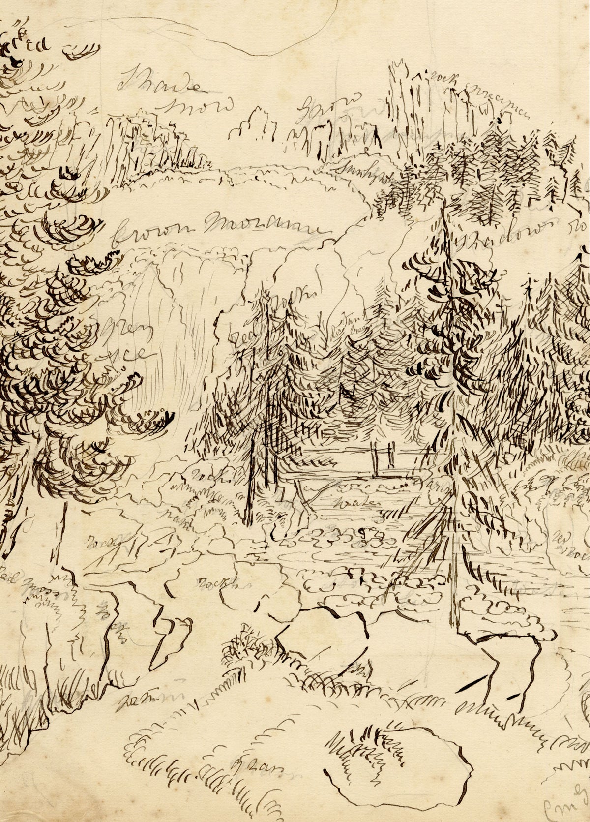 Constance Maria Stopford née Hammersley, Valley of the Inn, Engadine, Switzerland – 1880s pen & ink drawing