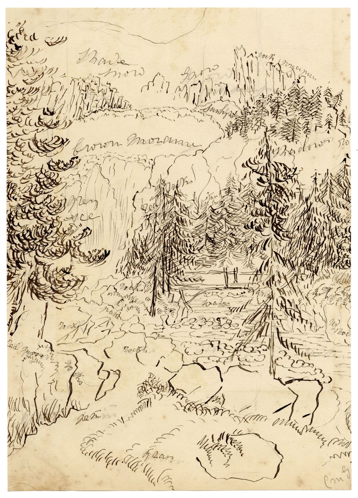 Constance Maria Stopford née Hammersley, Valley of the Inn, Engadine, Switzerland – 1880s pen & ink drawing