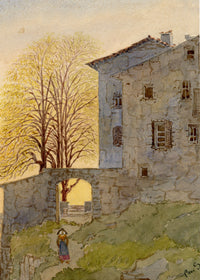 Constance Maria Stopford née Hammersley, Crumbling Villa at Sunset with Figure – Late 19th-century watercolour painting