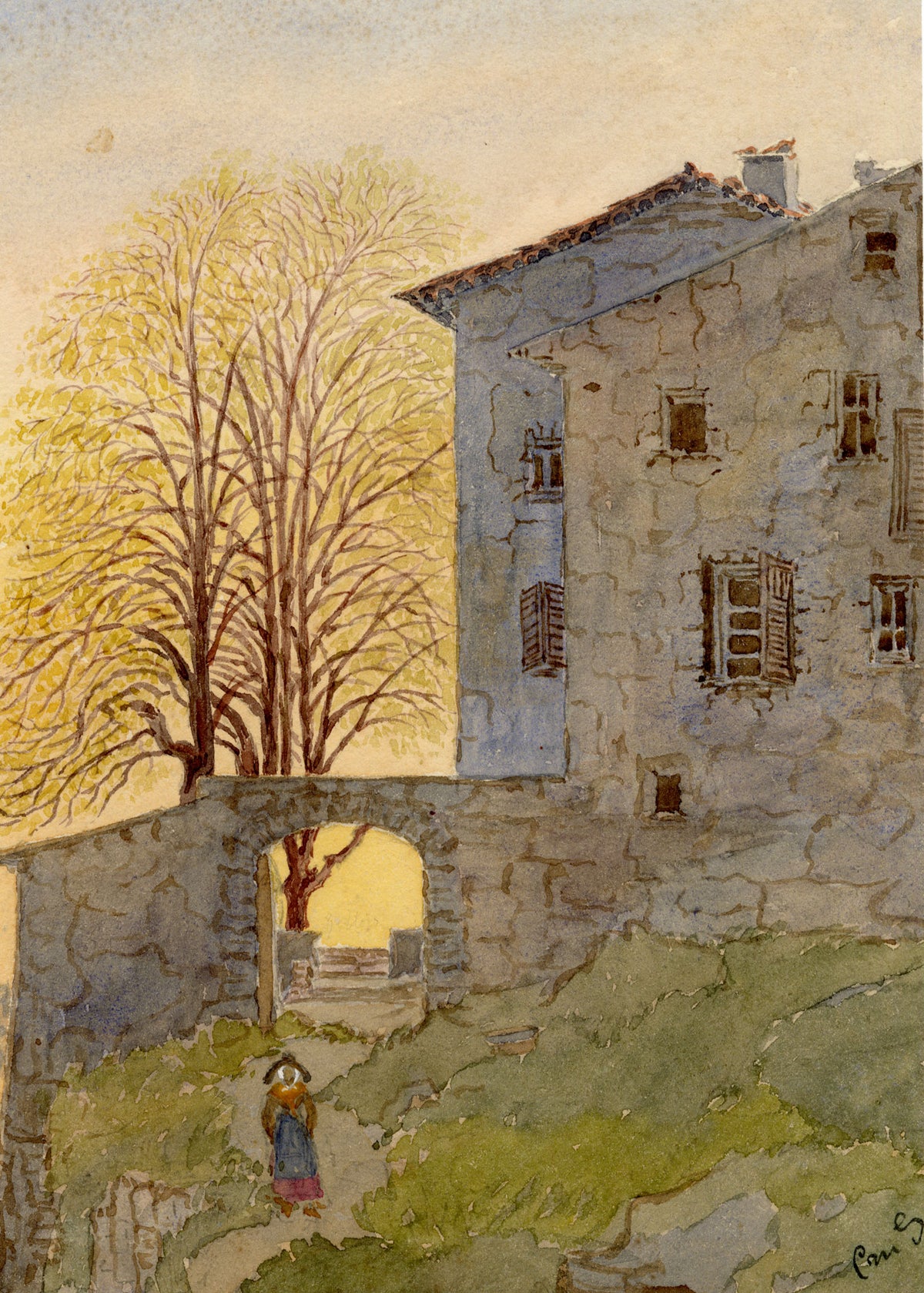 Constance Maria Stopford née Hammersley, Crumbling Villa at Sunset with Figure – Late 19th-century watercolour painting