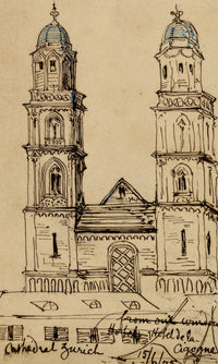 C.H., Grossmünster Church, Zurich, Switzerland – 1875 pen & ink drawing