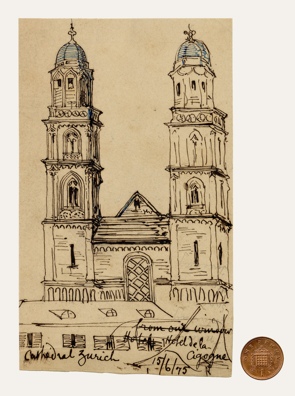 C.H., Grossmünster Church, Zurich, Switzerland – 1875 pen & ink drawing