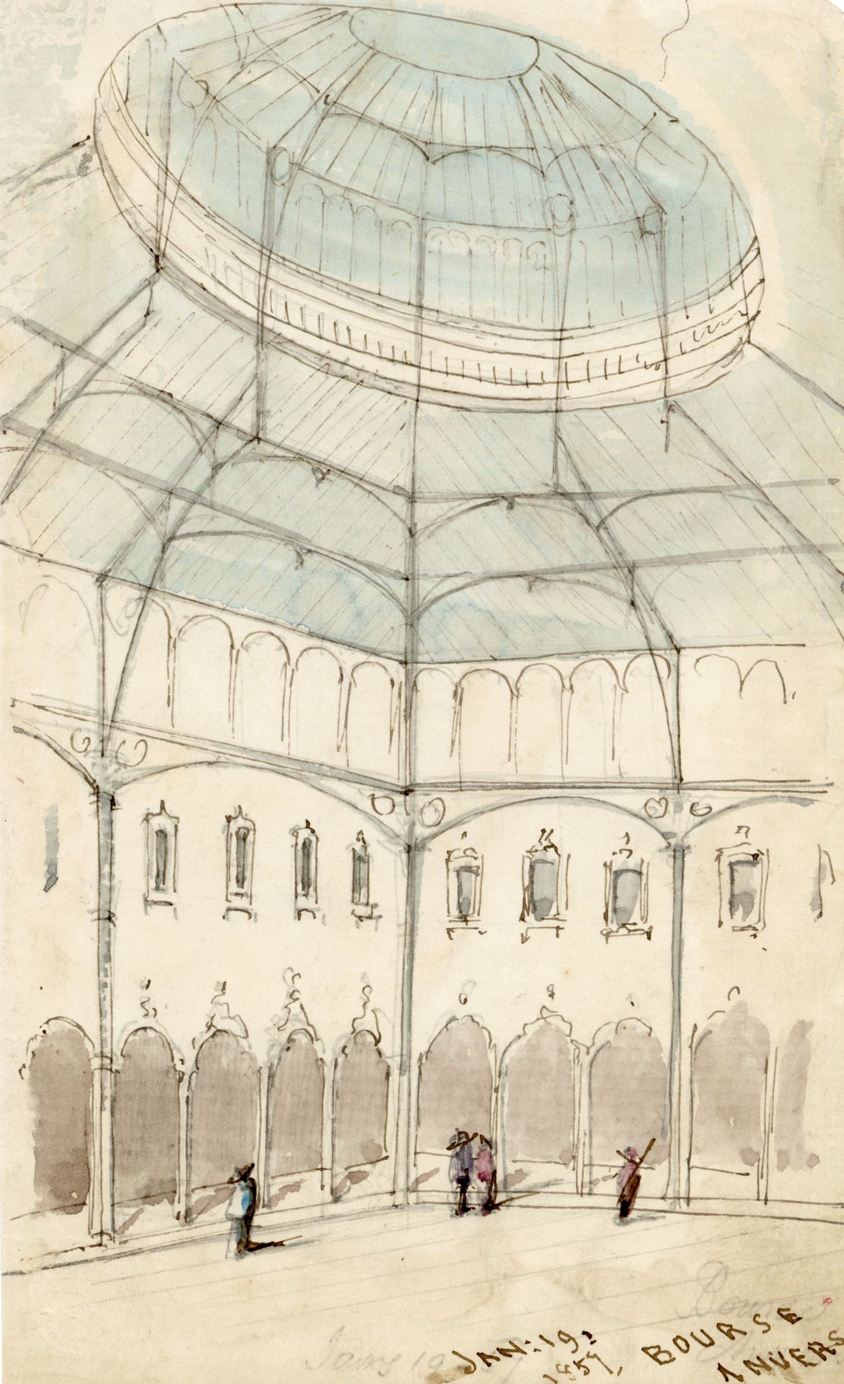 C.H., Antwerp Stock Exchange, Belgium – 1857 watercolour painting