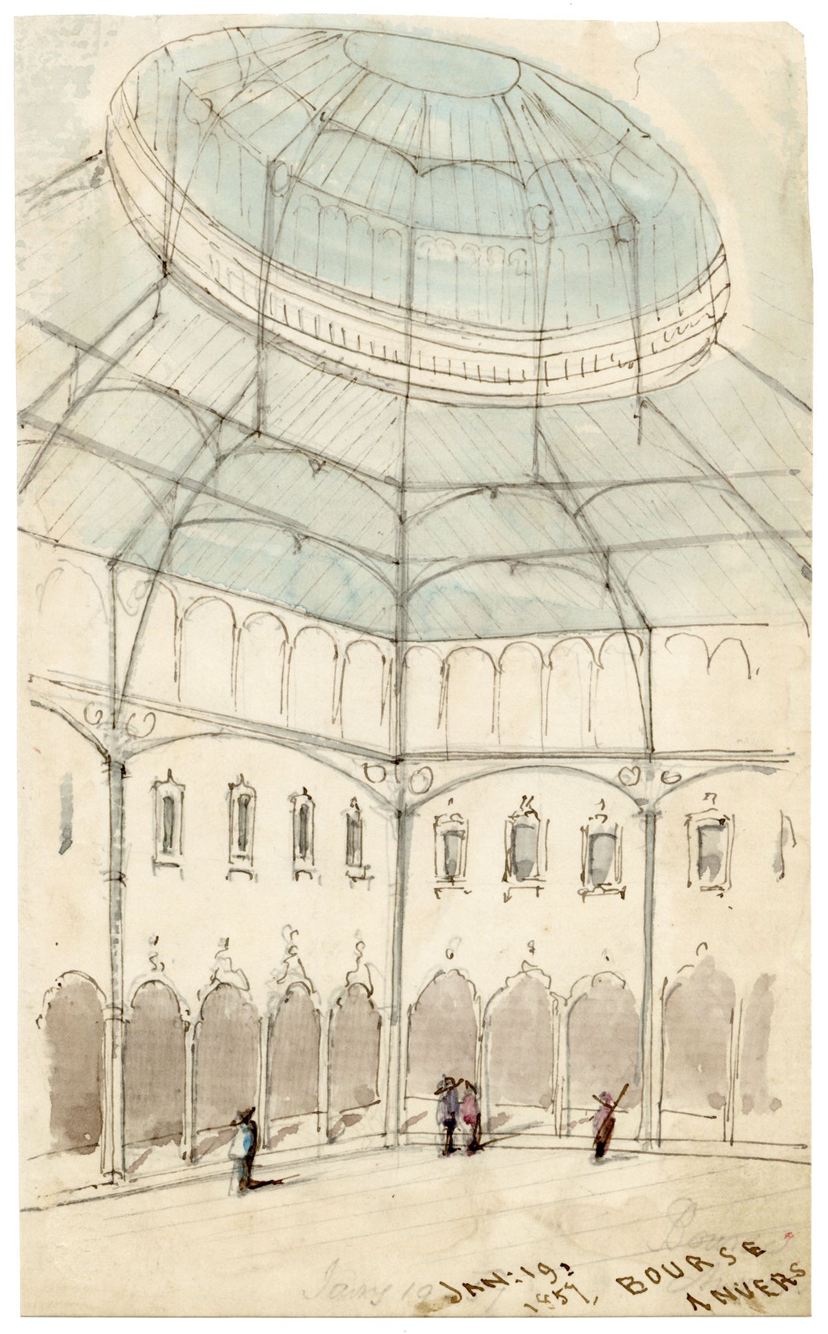 C.H., Antwerp Stock Exchange, Belgium – 1857 watercolour painting