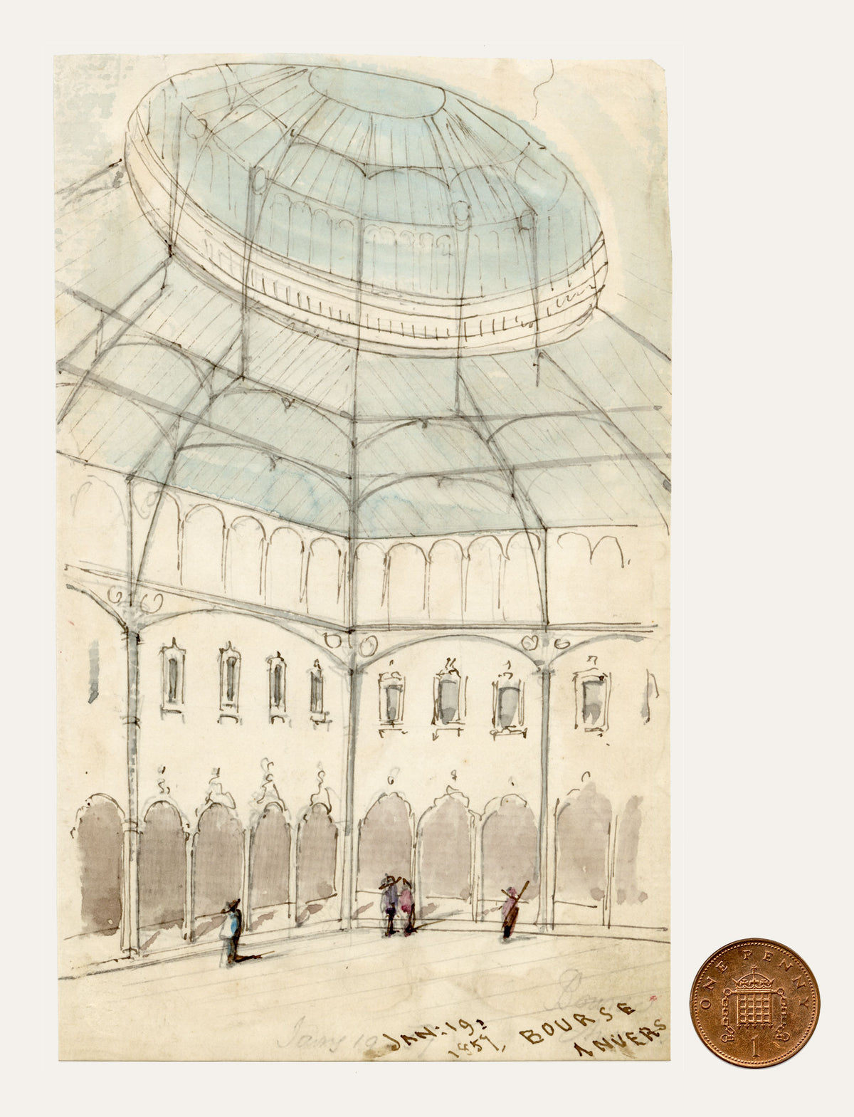 C.H., Antwerp Stock Exchange, Belgium – 1857 watercolour painting