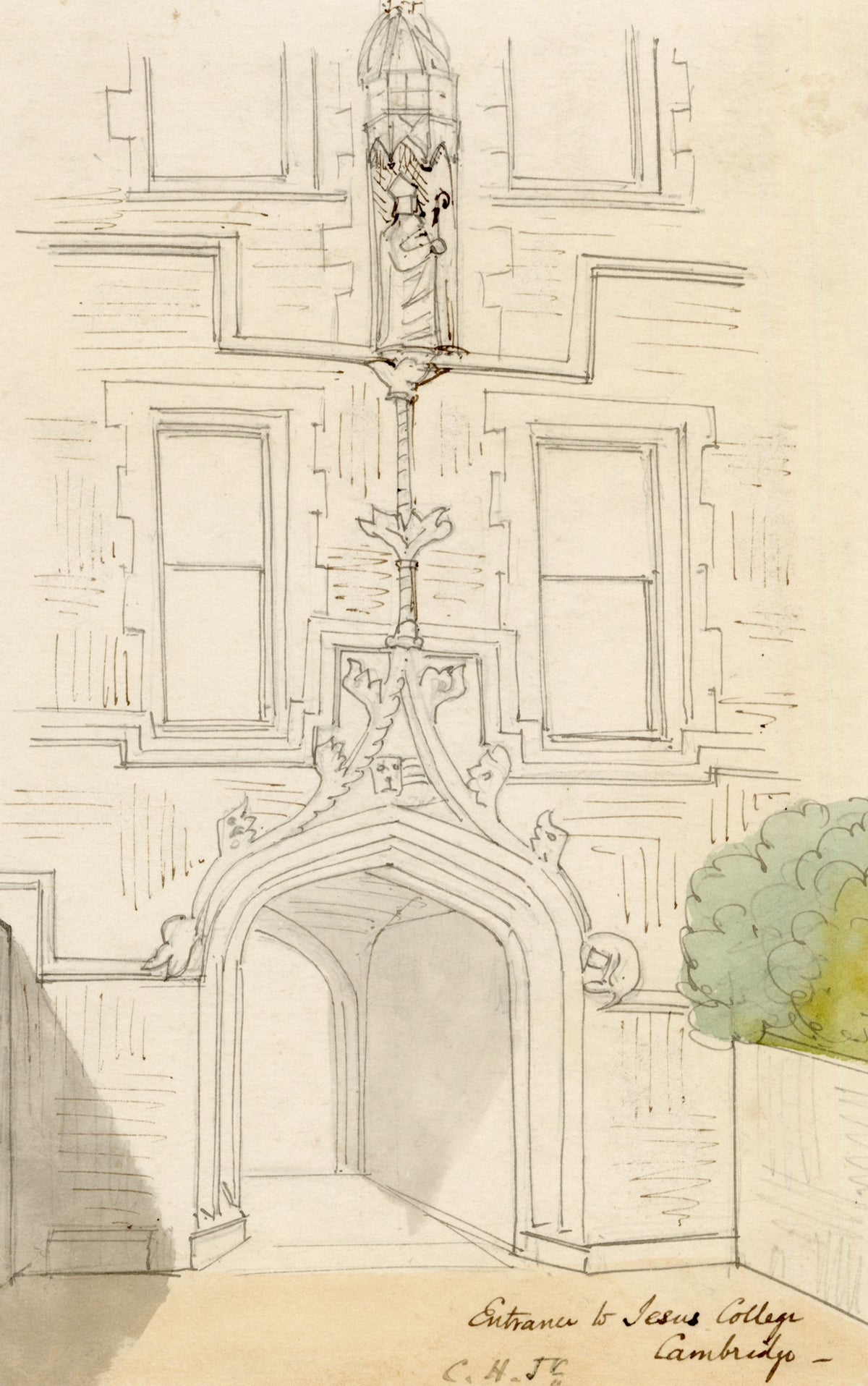C.H. Jr., Jesus College Gatehouse, Cambridge – c.1850s pen & ink drawing