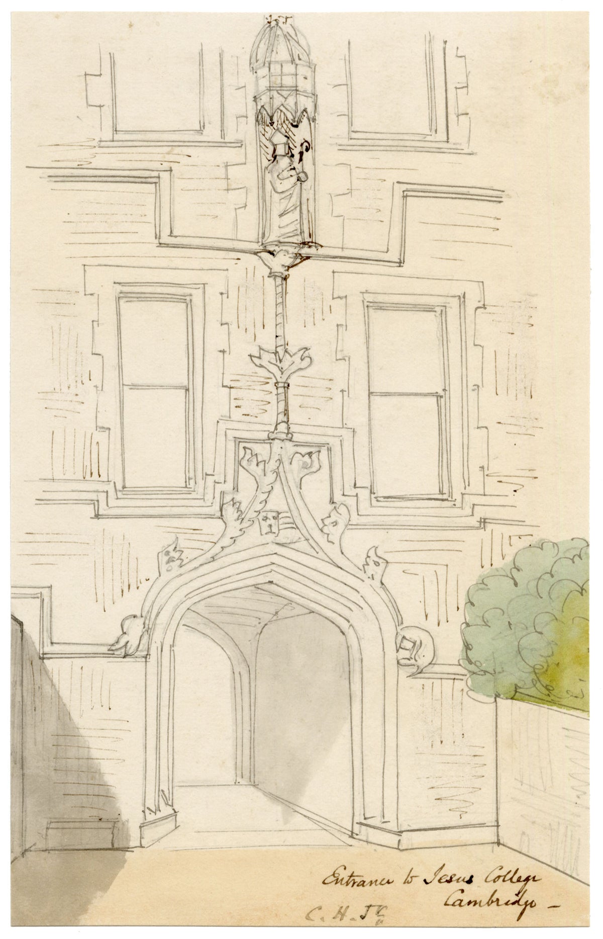 C.H. Jr., Jesus College Gatehouse, Cambridge – c.1850s pen & ink drawing