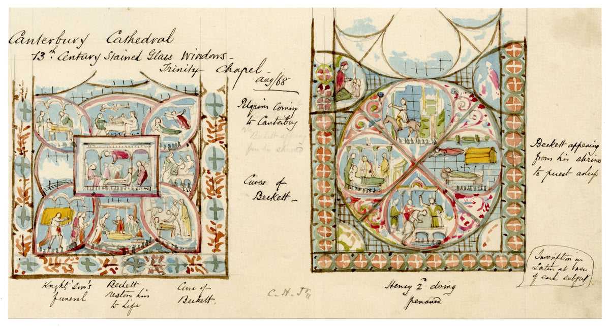 C.H. Jr., Canterbury Cathedral Trinity Chapel Stained Glass Windows, Kent – 1868 watercolour painting