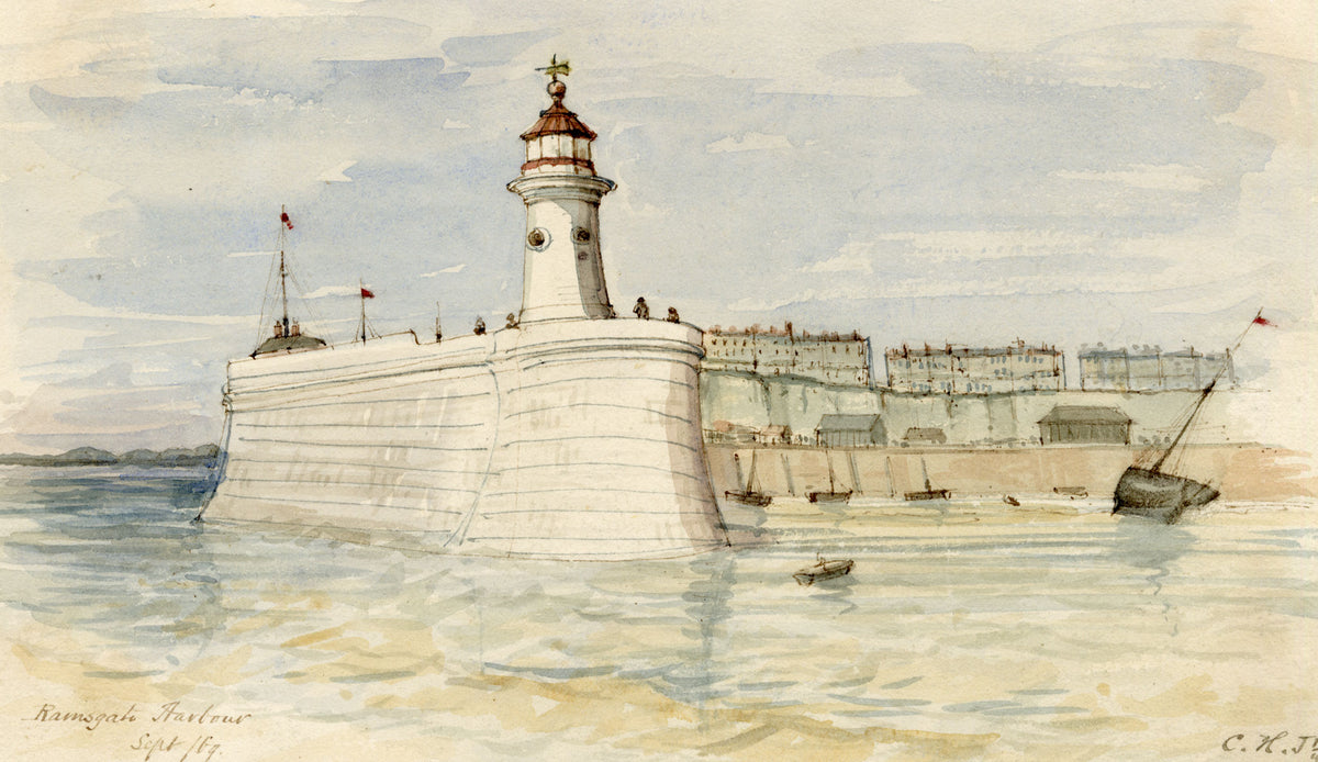 C.H. Jr., Ramsgate Harbour & Lighthouse, Kent – 1869 watercolour painting