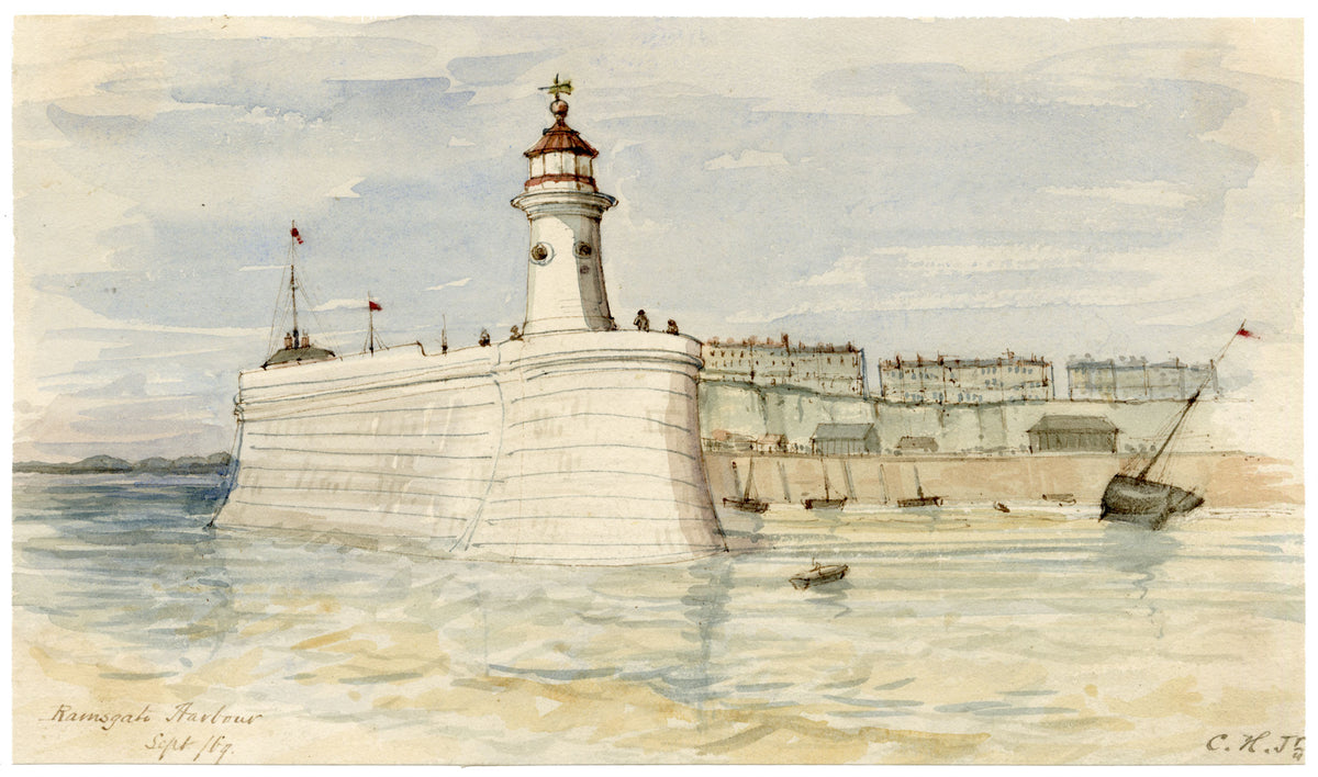 C.H. Jr., Ramsgate Harbour & Lighthouse, Kent – 1869 watercolour painting
