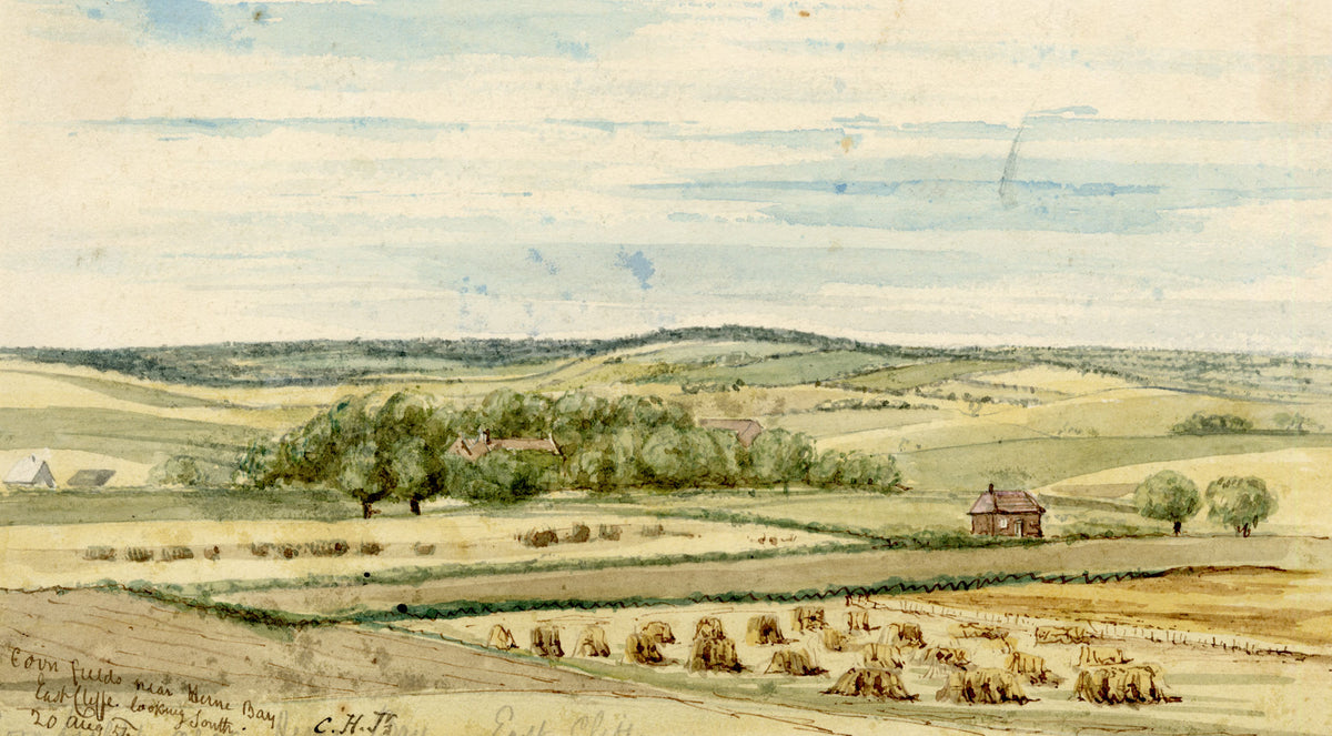 C.H. Jr., Cornfields near Herne Bay, East Cliff Looking South, Kent – 1854 watercolour painting