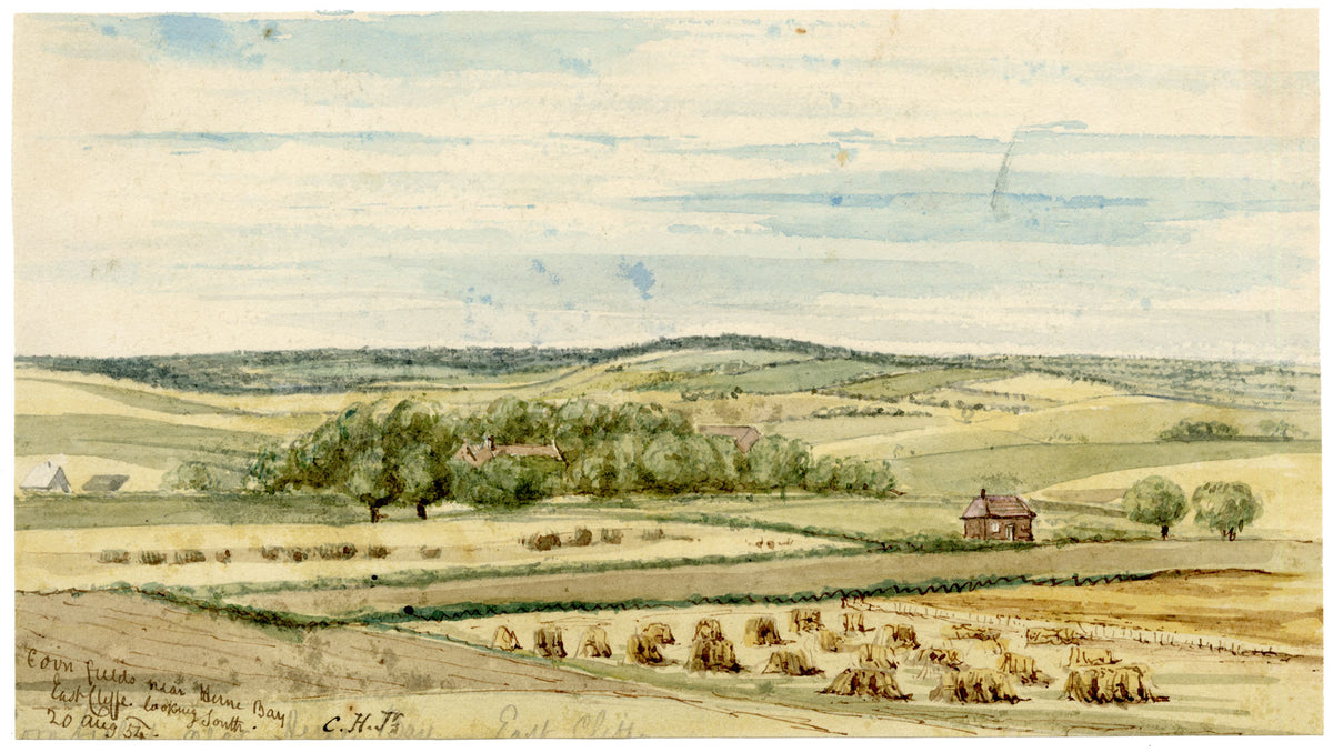 C.H. Jr., Cornfields near Herne Bay, East Cliff Looking South, Kent – 1854 watercolour painting