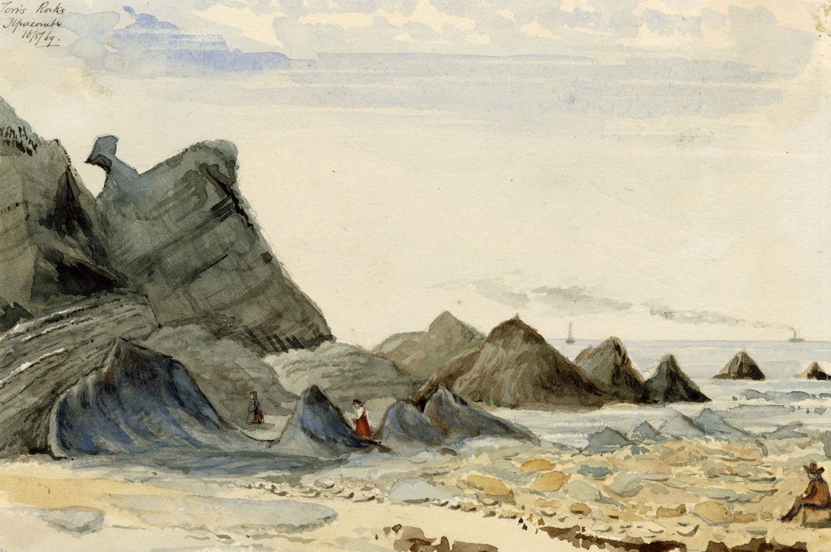 C.H., Ilfracombe Torrs, Figures on the Beach, North Devon – 1869 watercolour painting