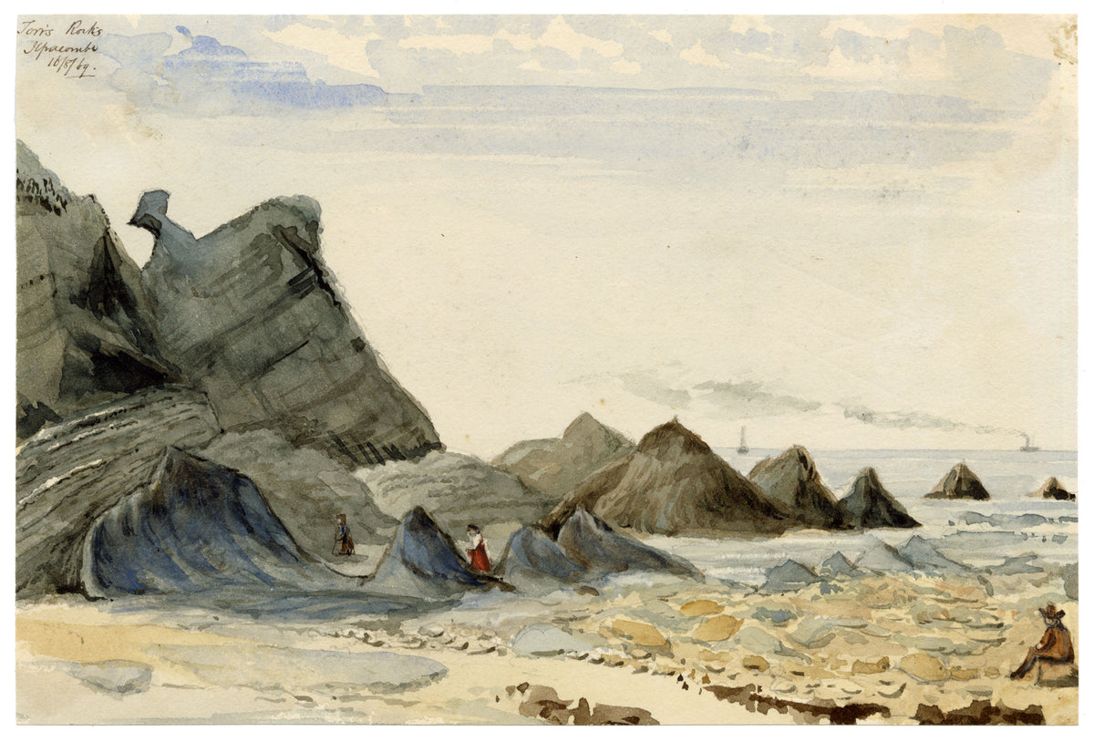 C.H., Ilfracombe Torrs, Figures on the Beach, North Devon – 1869 watercolour painting