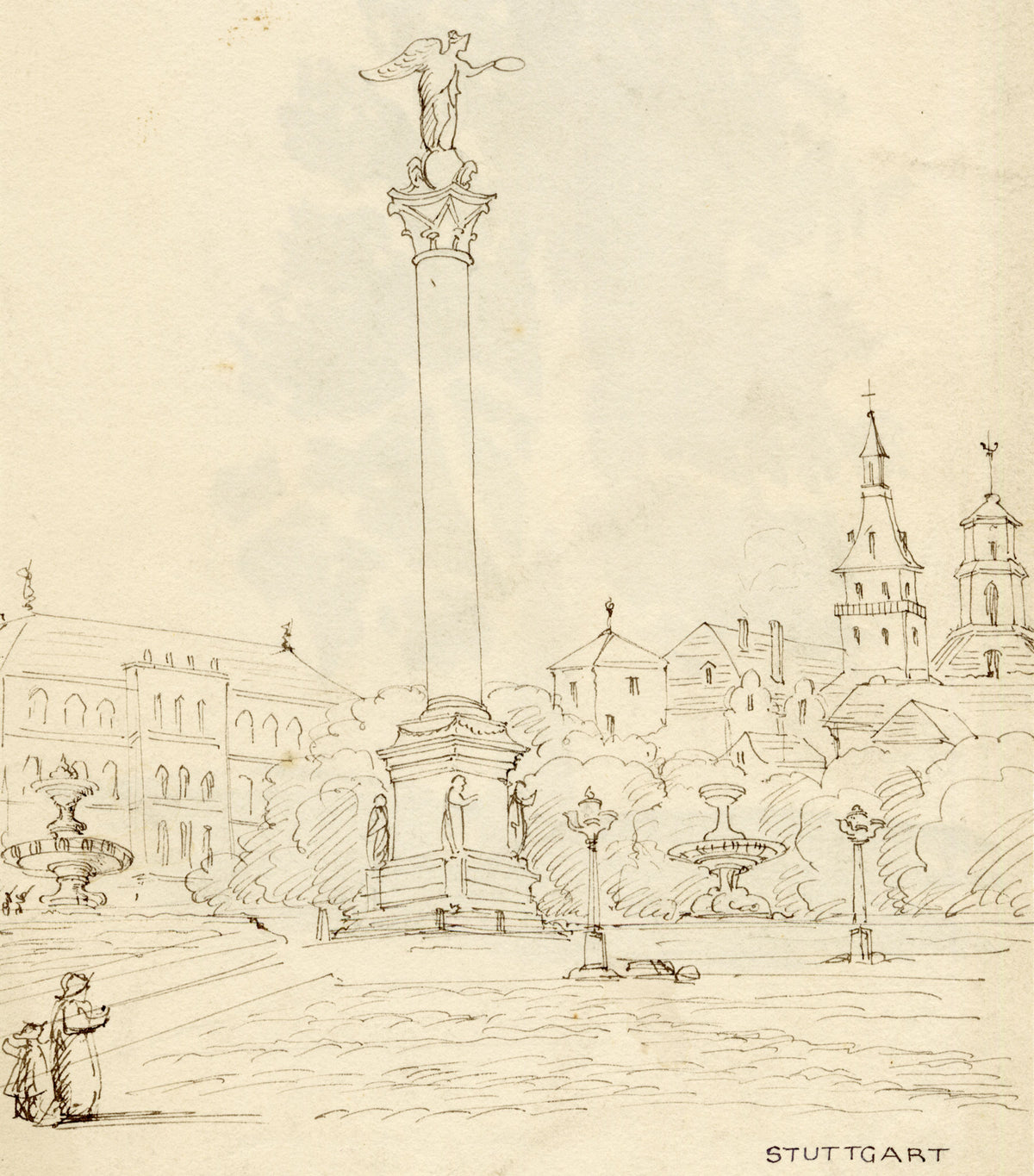 C.H., Stuttgart Jubilee Column, Schlossplatz, Germany – c.1860s pen & ink drawing