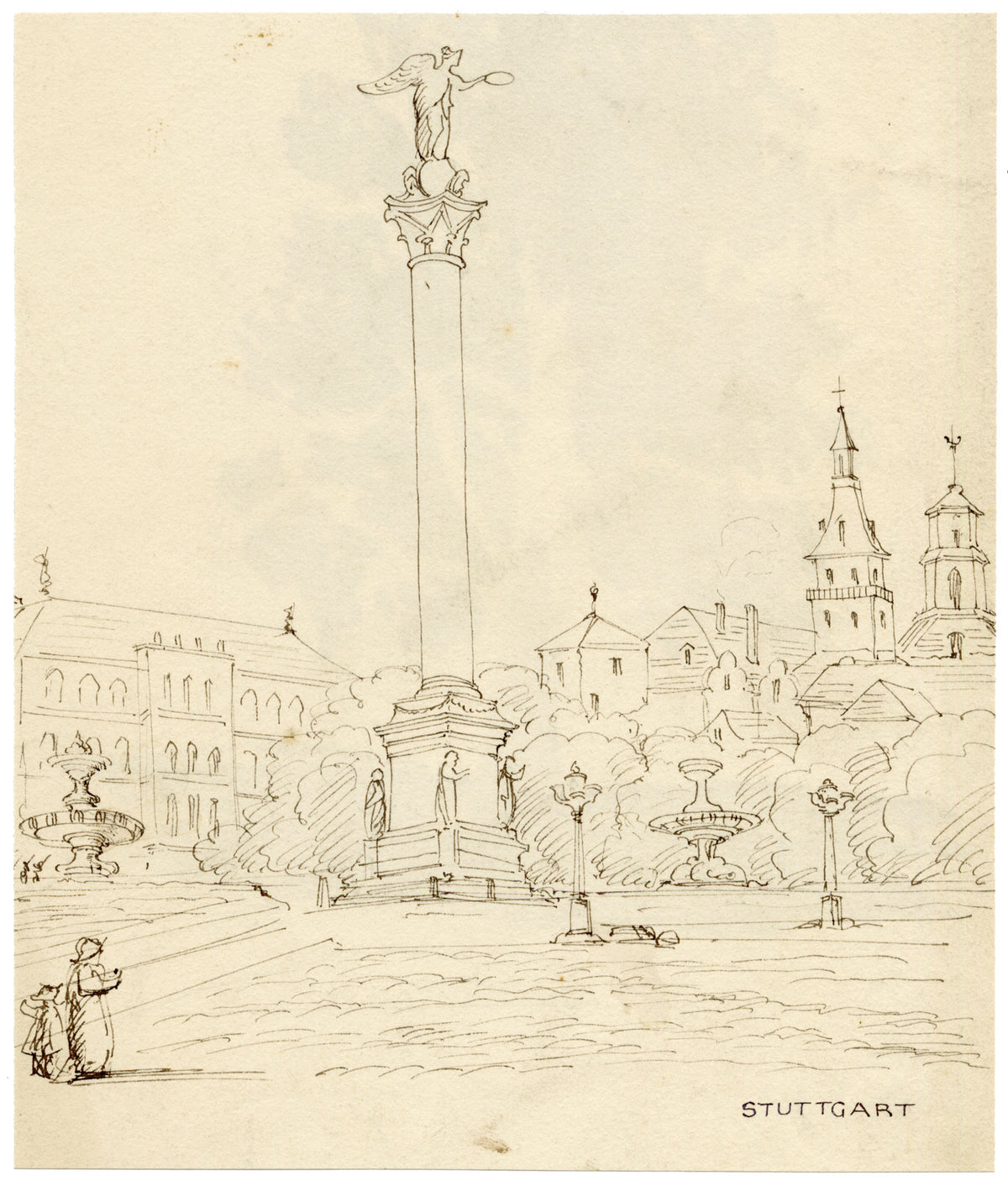 C.H., Stuttgart Jubilee Column, Schlossplatz, Germany – c.1860s pen & ink drawing