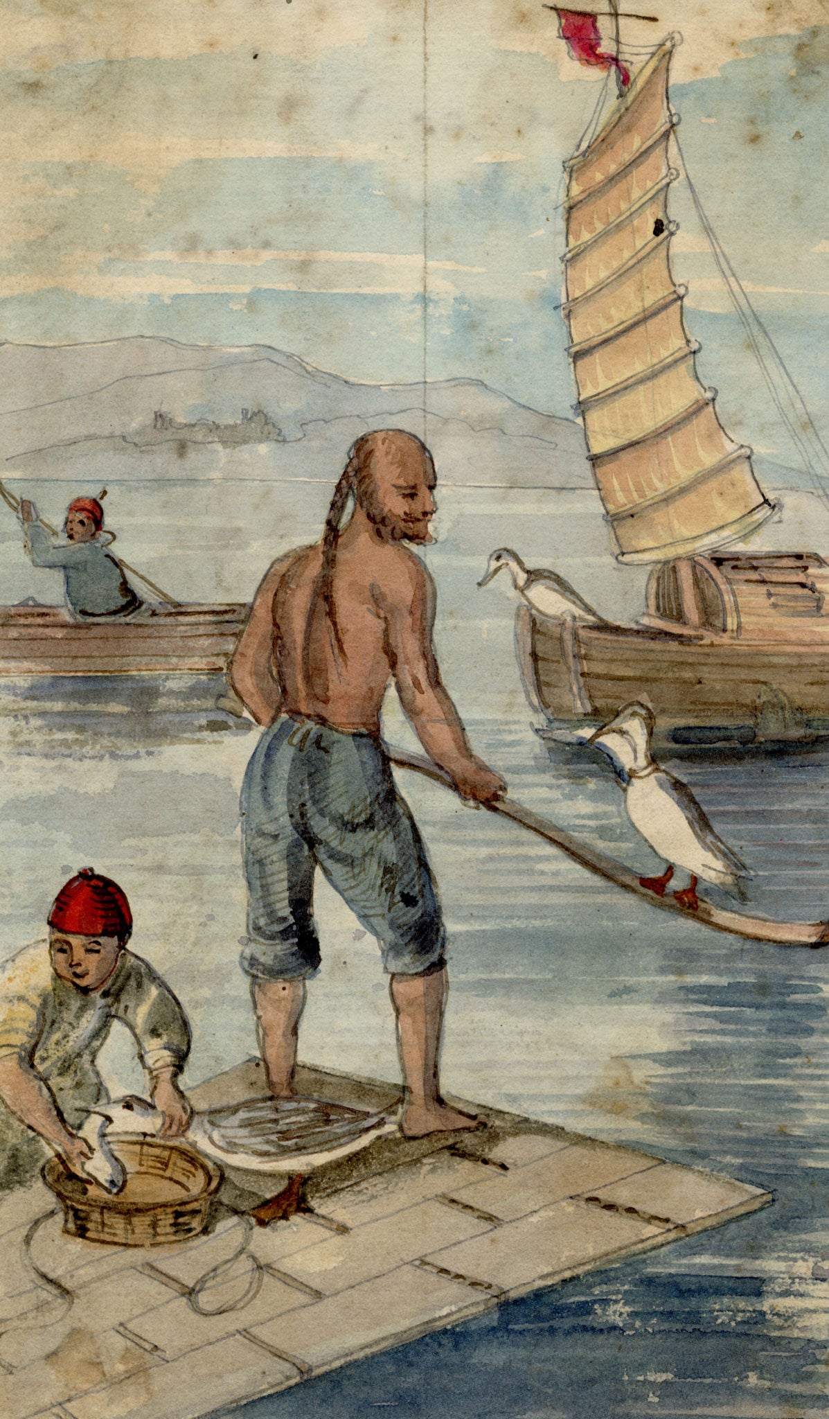 C.H., Chinese Fishermen with Cormorants – c.1850s watercolour painting
