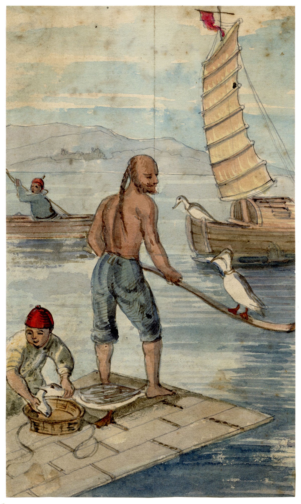 C.H., Chinese Fishermen with Cormorants – c.1850s watercolour painting