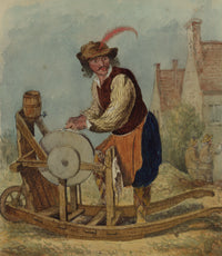 C.H., The Knife Grinder after David Teniers the Younger – c.1850s watercolour painting