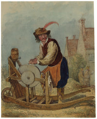 C.H., The Knife Grinder after David Teniers the Younger – c.1850s watercolour painting