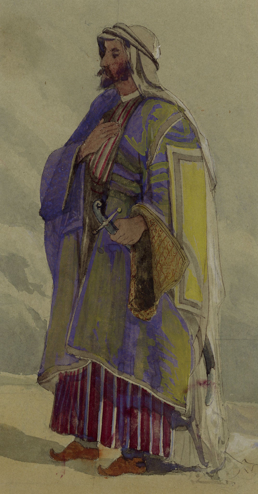 C.H., Portrait of Sheikh Medjuel El-Mezrab after Carl Haag – c.1860s watercolour painting