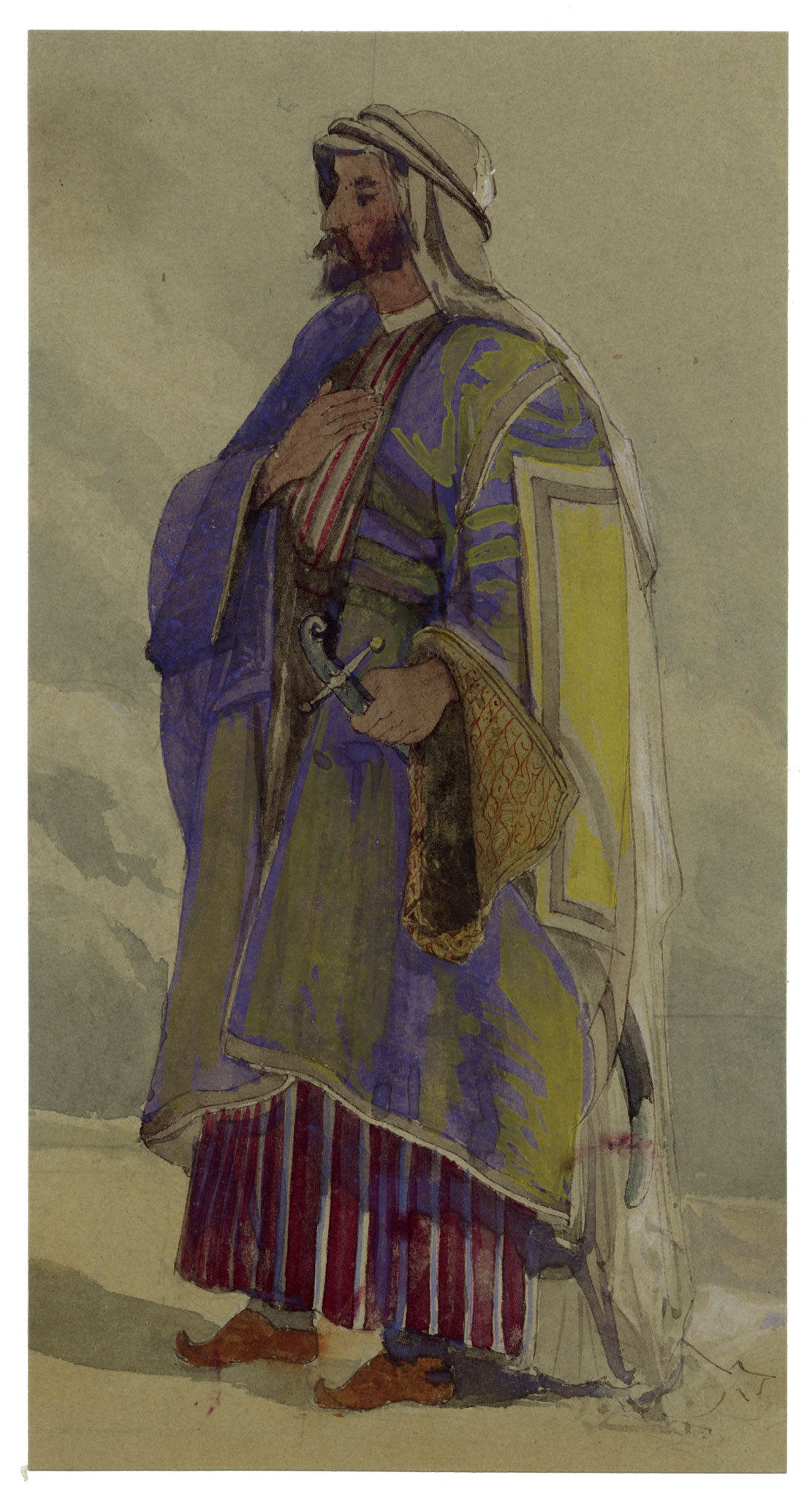 C.H., Portrait of Sheikh Medjuel El-Mezrab after Carl Haag – c.1860s watercolour painting
