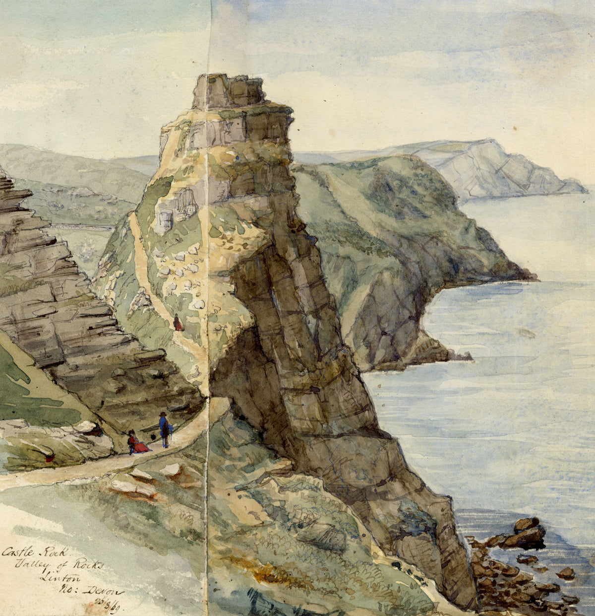 C.H., Castle Rock, Valley of Rocks, Lynton, North Devon – 1869 watercolour painting