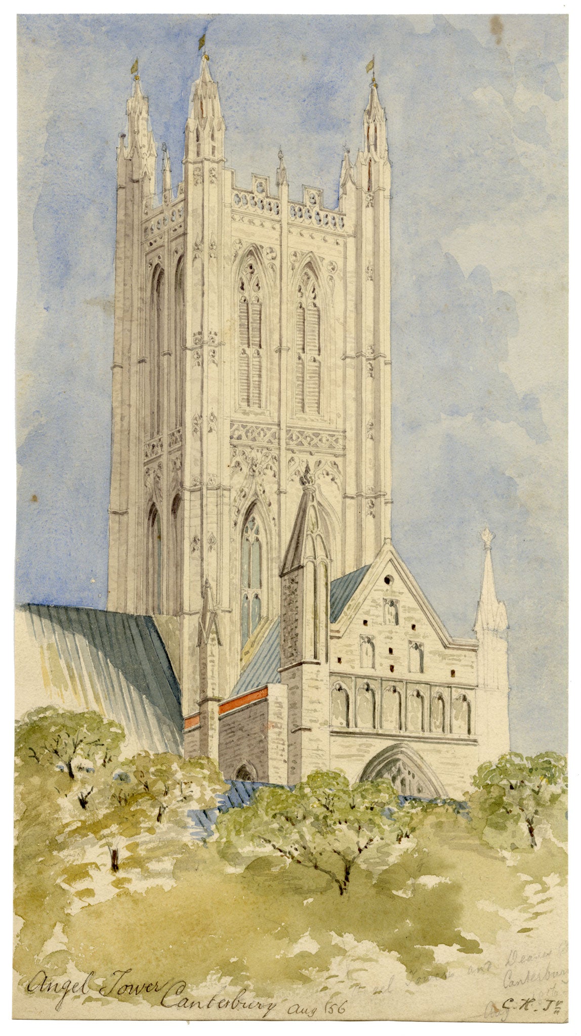C.H. Jr., Canterbury Cathedral, Bell Harry Tower (Angel Tower) – 1856 watercolour painting