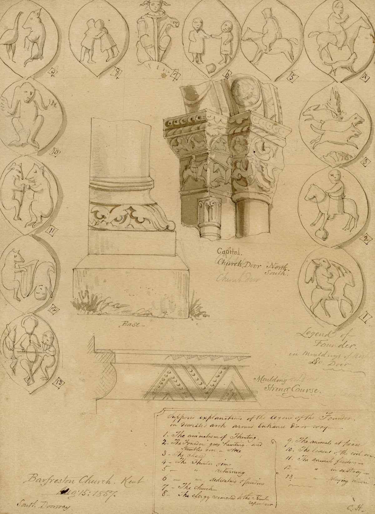 C.H., Barfreston Church Architectural Mouldings, Kent – 1857 pen & ink drawing