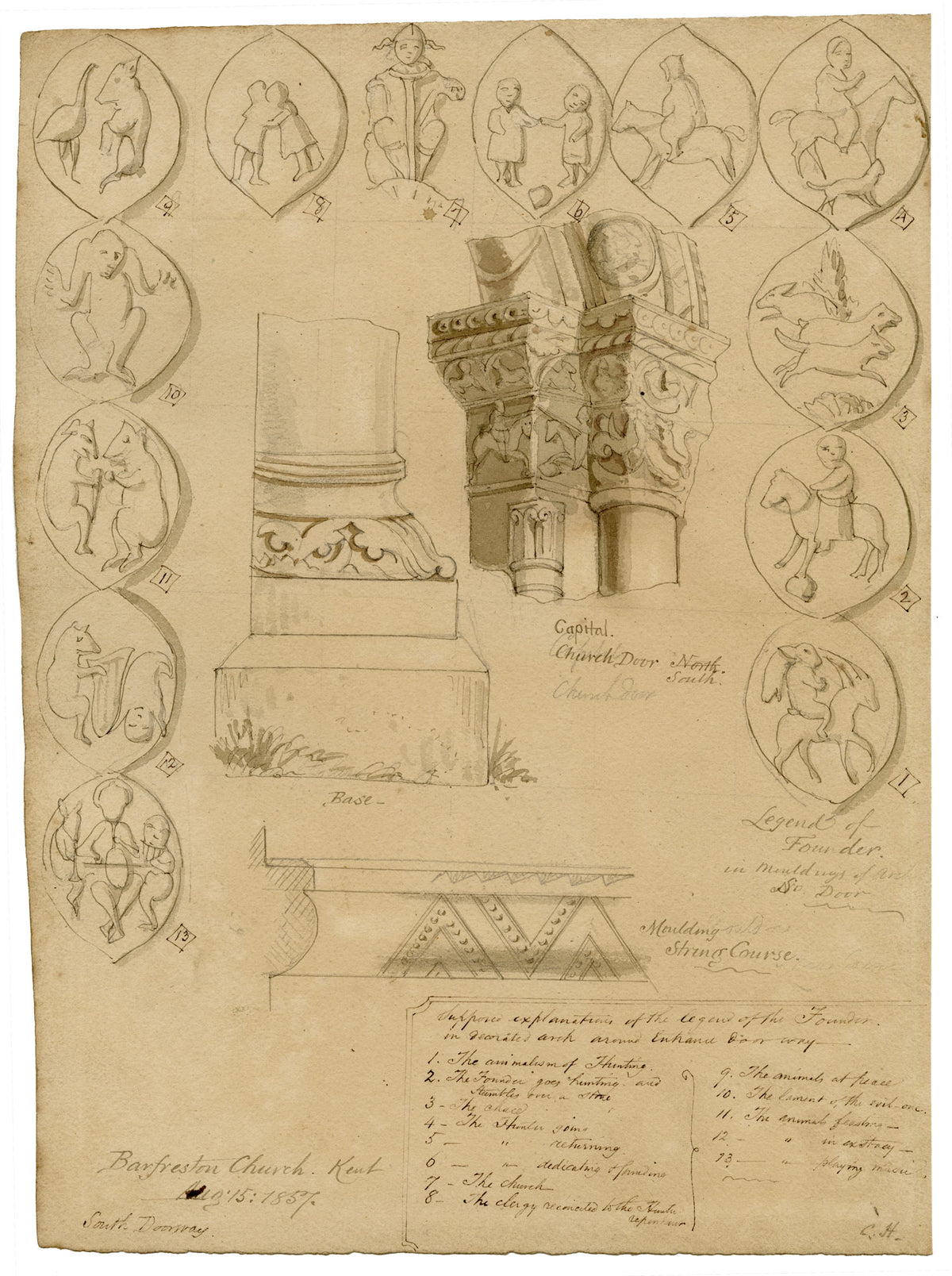 C.H., Barfreston Church Architectural Mouldings, Kent – 1857 pen & ink drawing