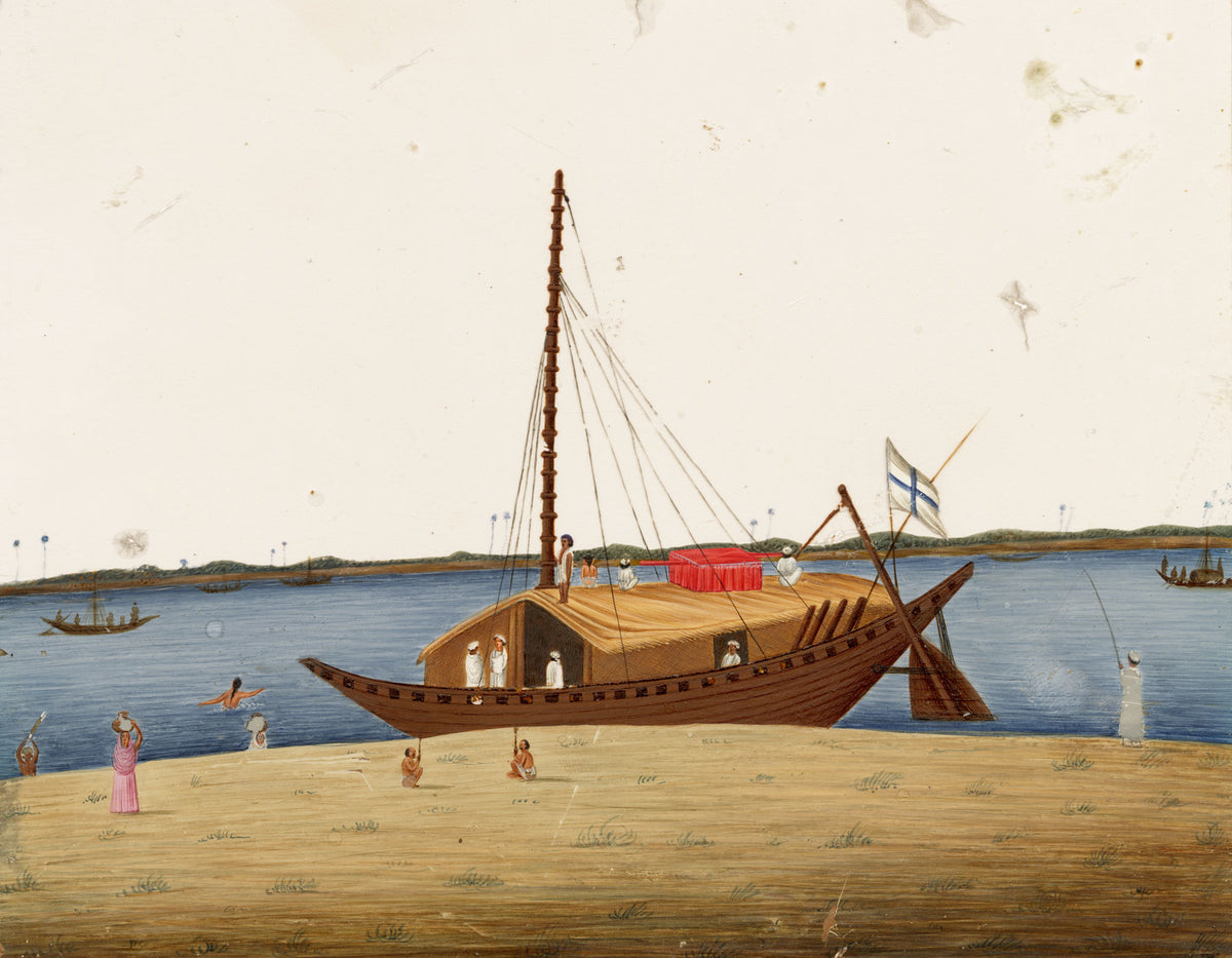 Indian Company School Mica Painting, Budgerow Boat with Palanquin on Cabin Roof, Ganges – Early 19th-century gouache