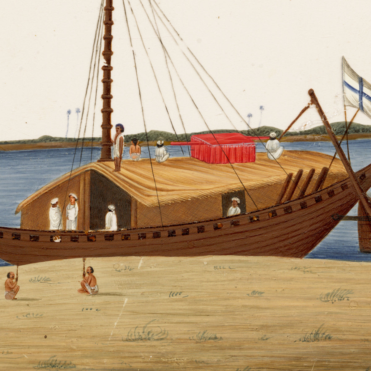 Indian Company School Mica Painting, Budgerow Boat with Palanquin on Cabin Roof, Ganges – Early 19th-century gouache