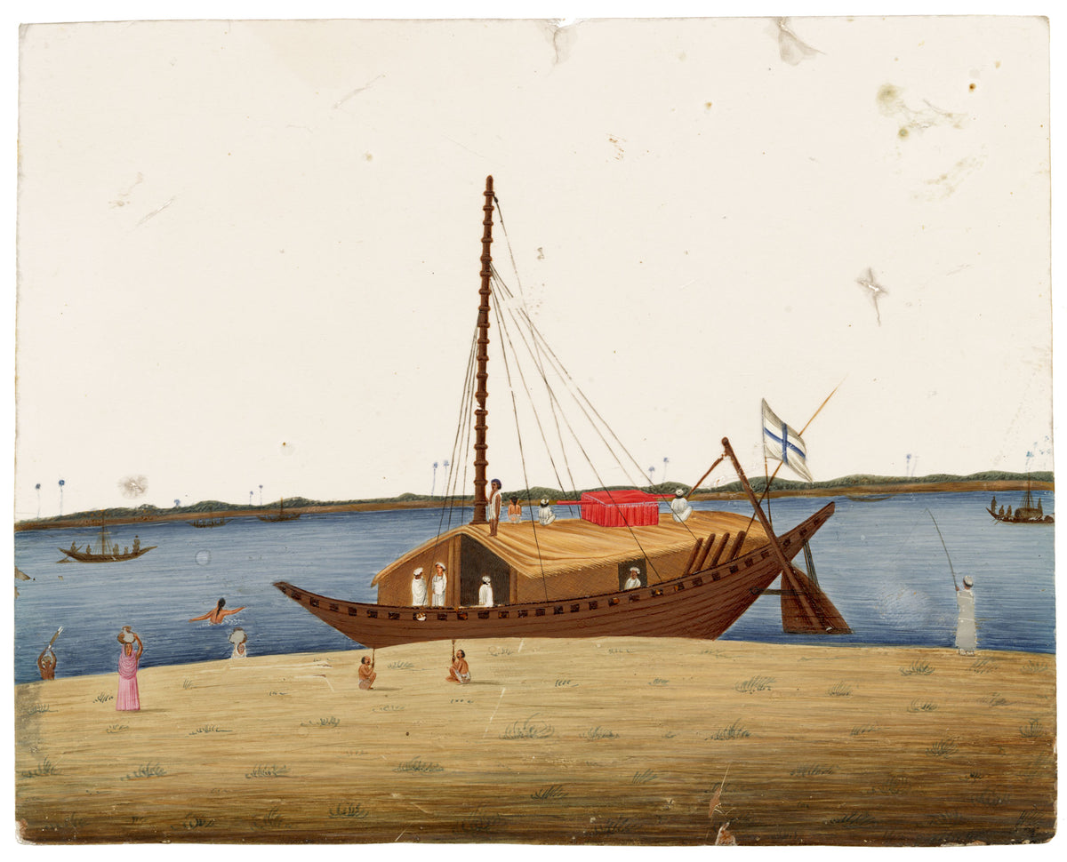 Indian Company School Mica Painting, Budgerow Boat with Palanquin on Cabin Roof, Ganges – Early 19th-century gouache