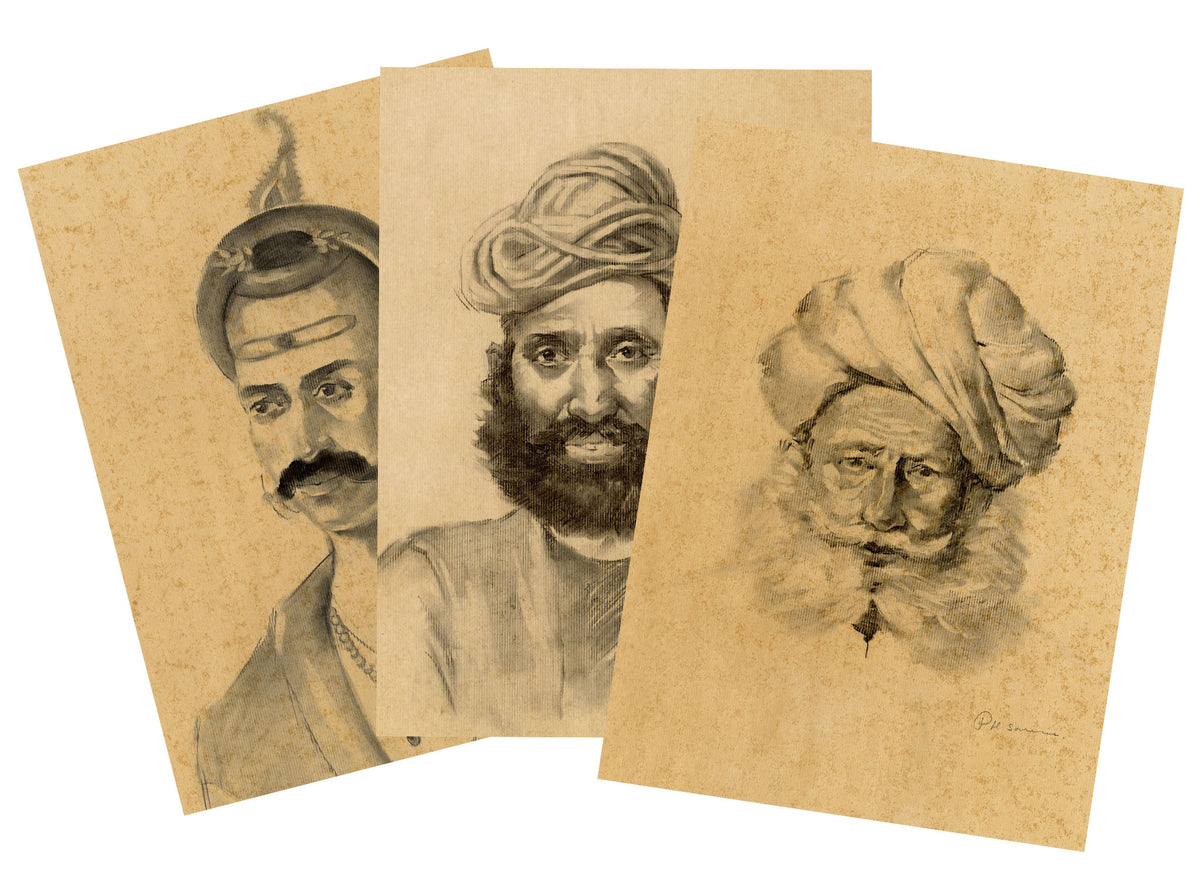 Prakash Hari Sonawane, Three Portraits: Baji Rao I, Roop Singh & Charan Singh – Set of 3 contemporary charcoal drawings