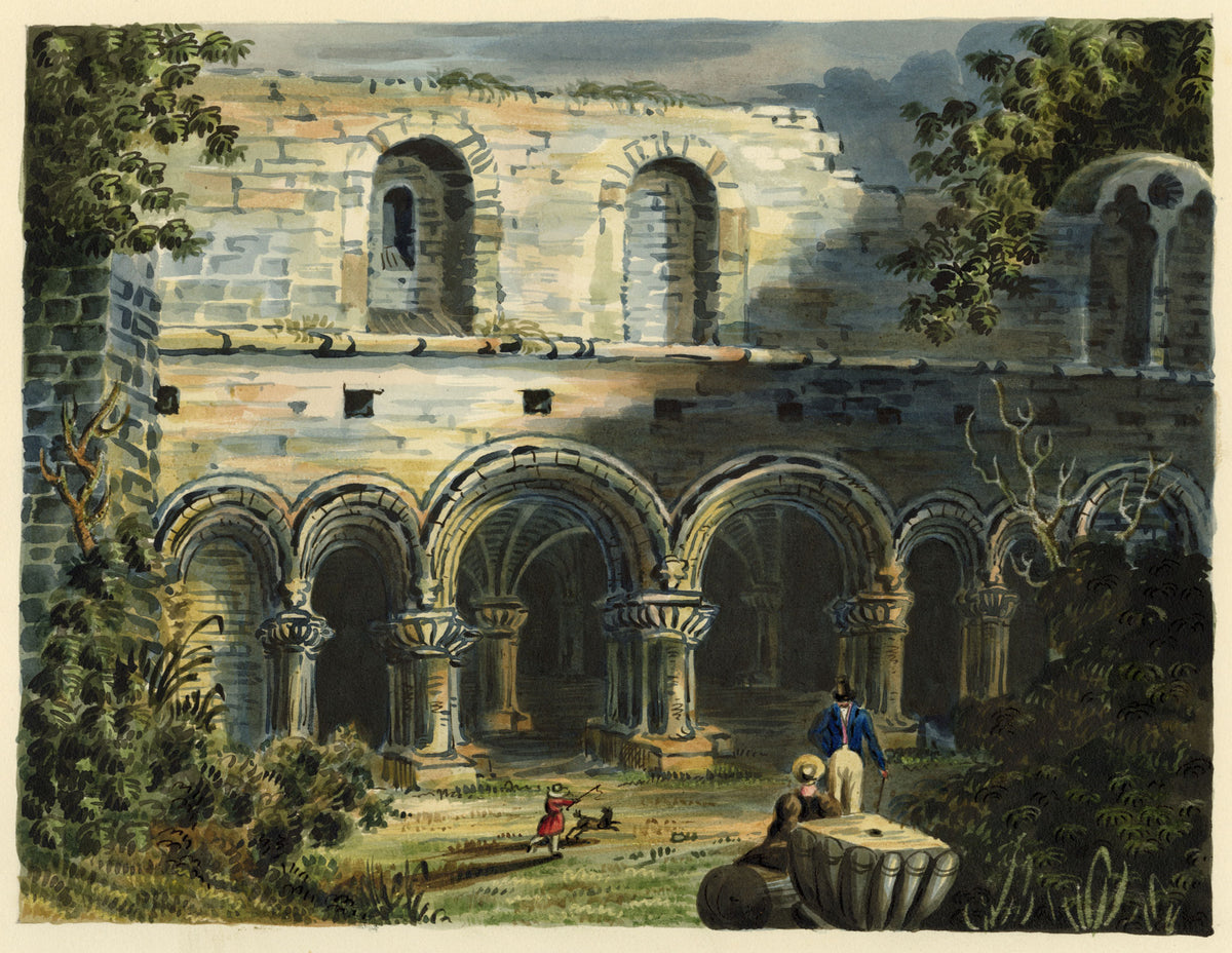 R.J. Blesard, Kirkstall Abbey Chapter House from the Cloister Gardens, Yorkshire – c.1833 watercolour painting
