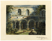 R.J. Blesard, Kirkstall Abbey Chapter House from the Cloister Gardens, Yorkshire – c.1833 watercolour painting