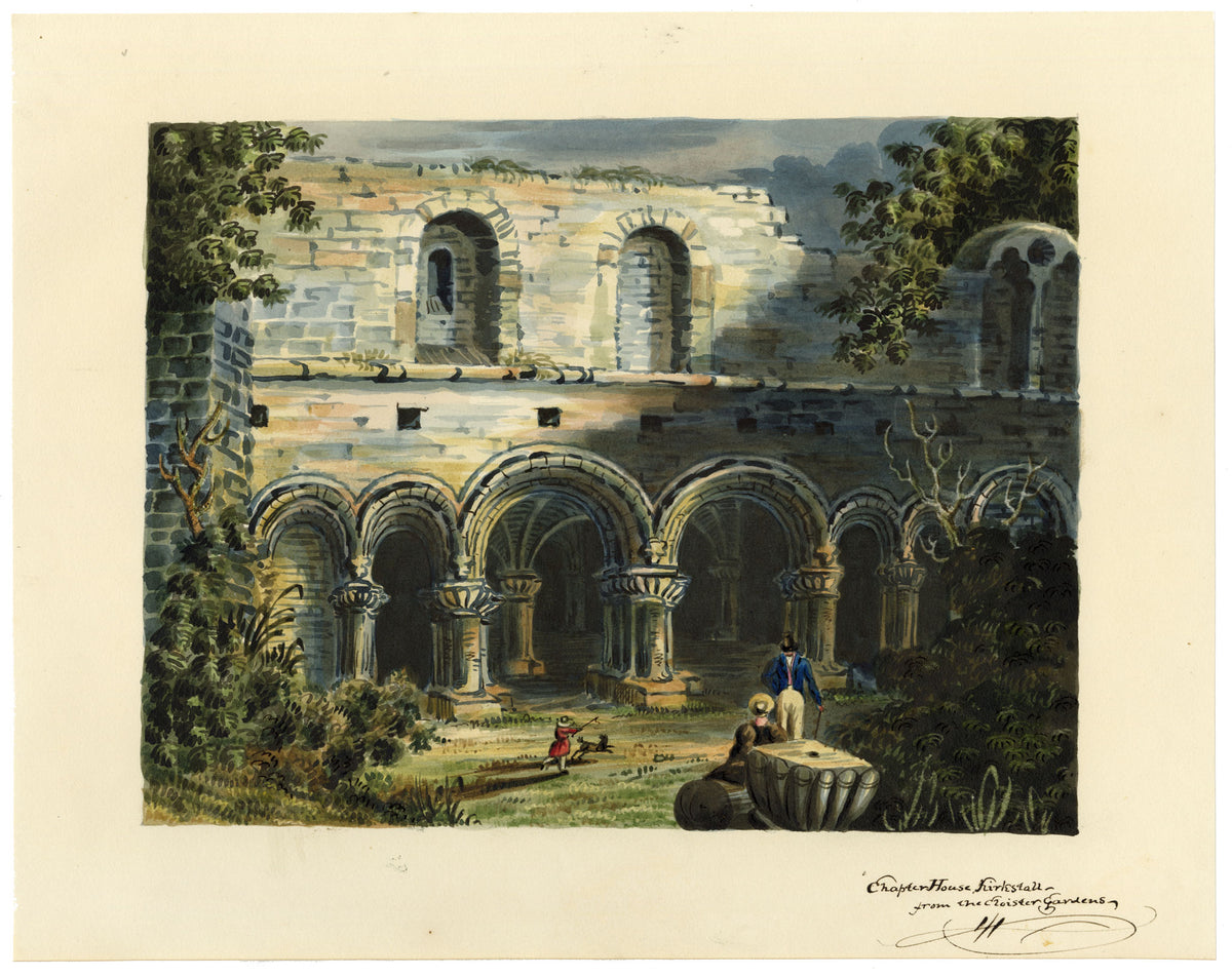 R.J. Blesard, Kirkstall Abbey Chapter House from the Cloister Gardens, Yorkshire – c.1833 watercolour painting