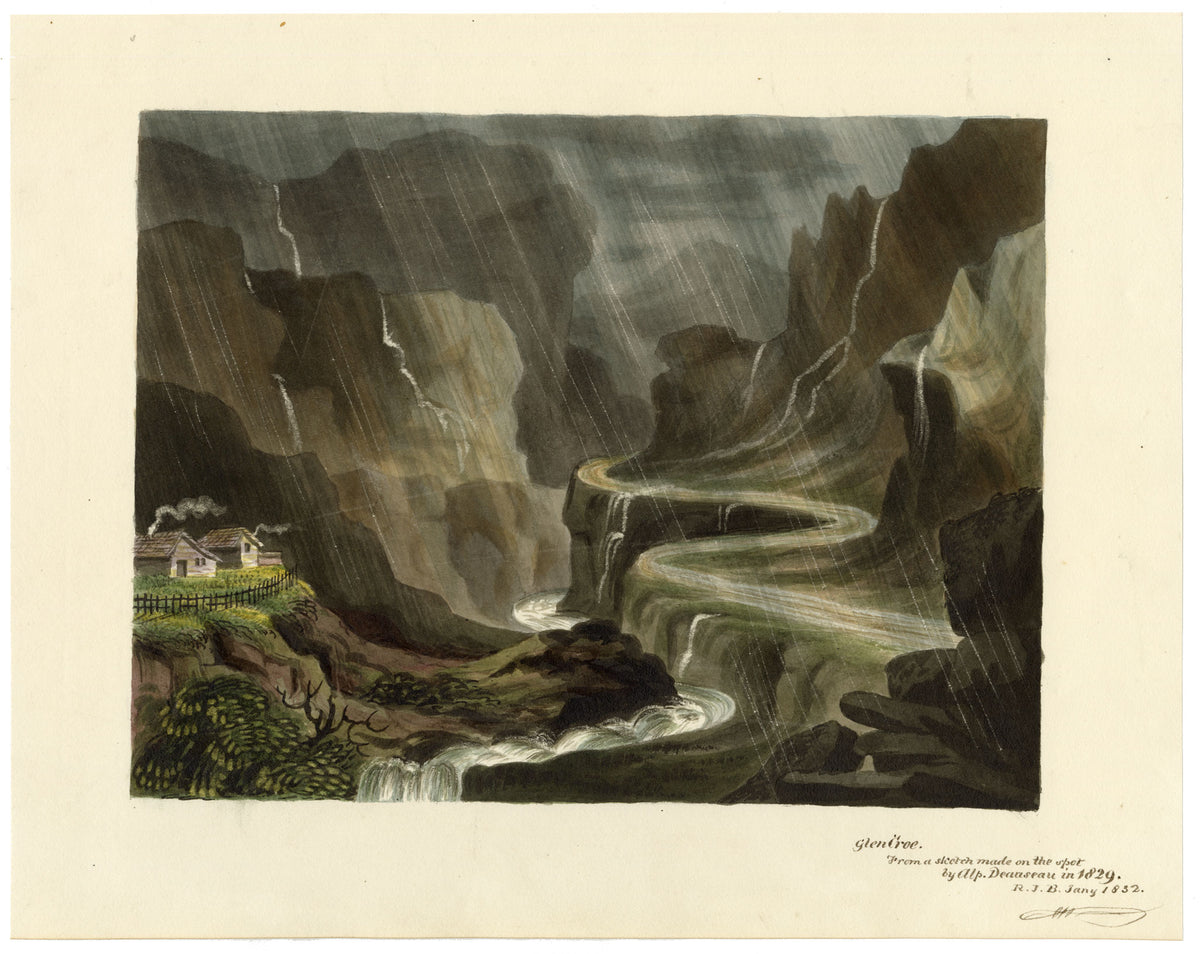 R.J. Blesard, Glencoe, Scotland from Sketch by Alphonse Dousseau – 1832 watercolour painting