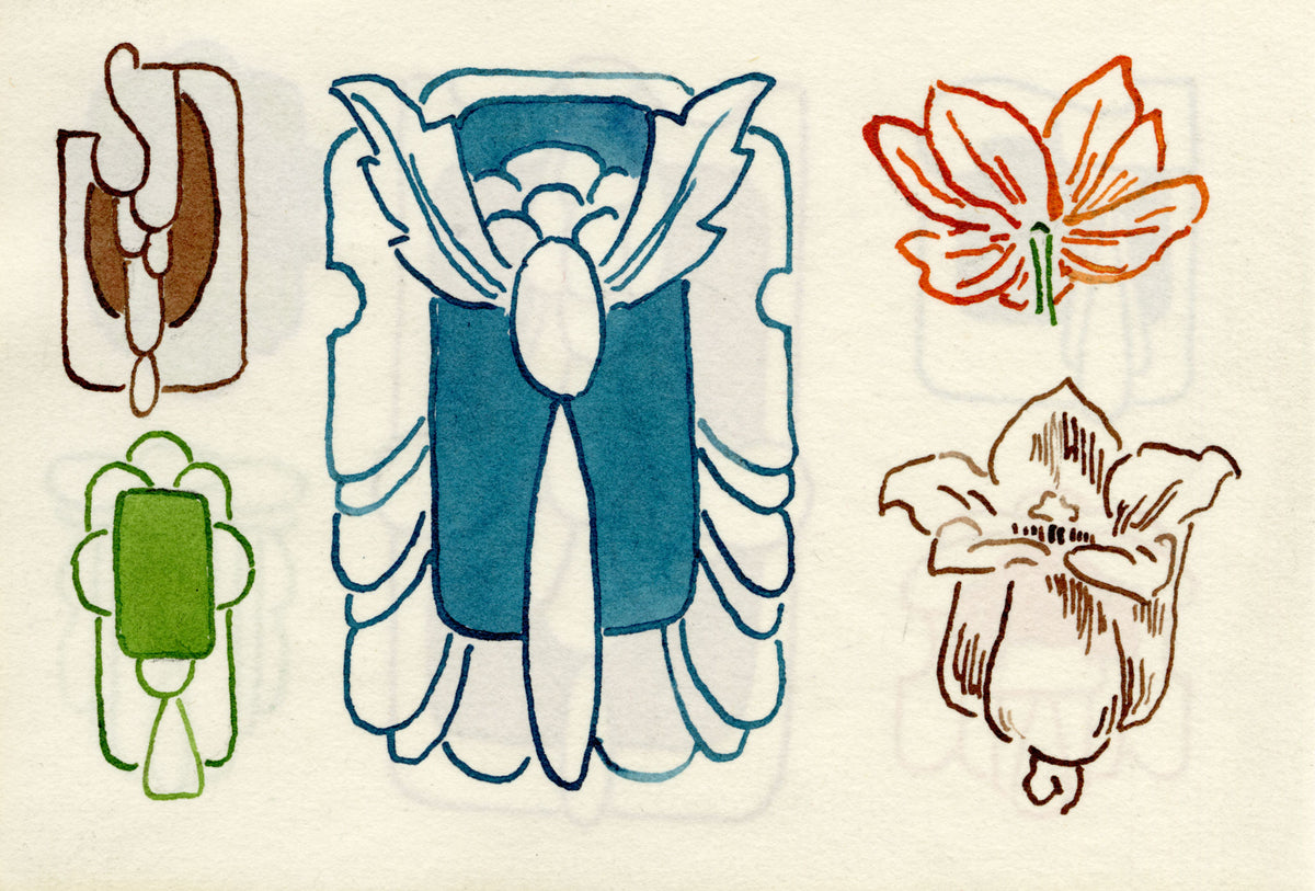 Pickford Robert Waller, Decorative Art Nouveau Design Motifs & Flower Heads – 1925 pen & ink drawing