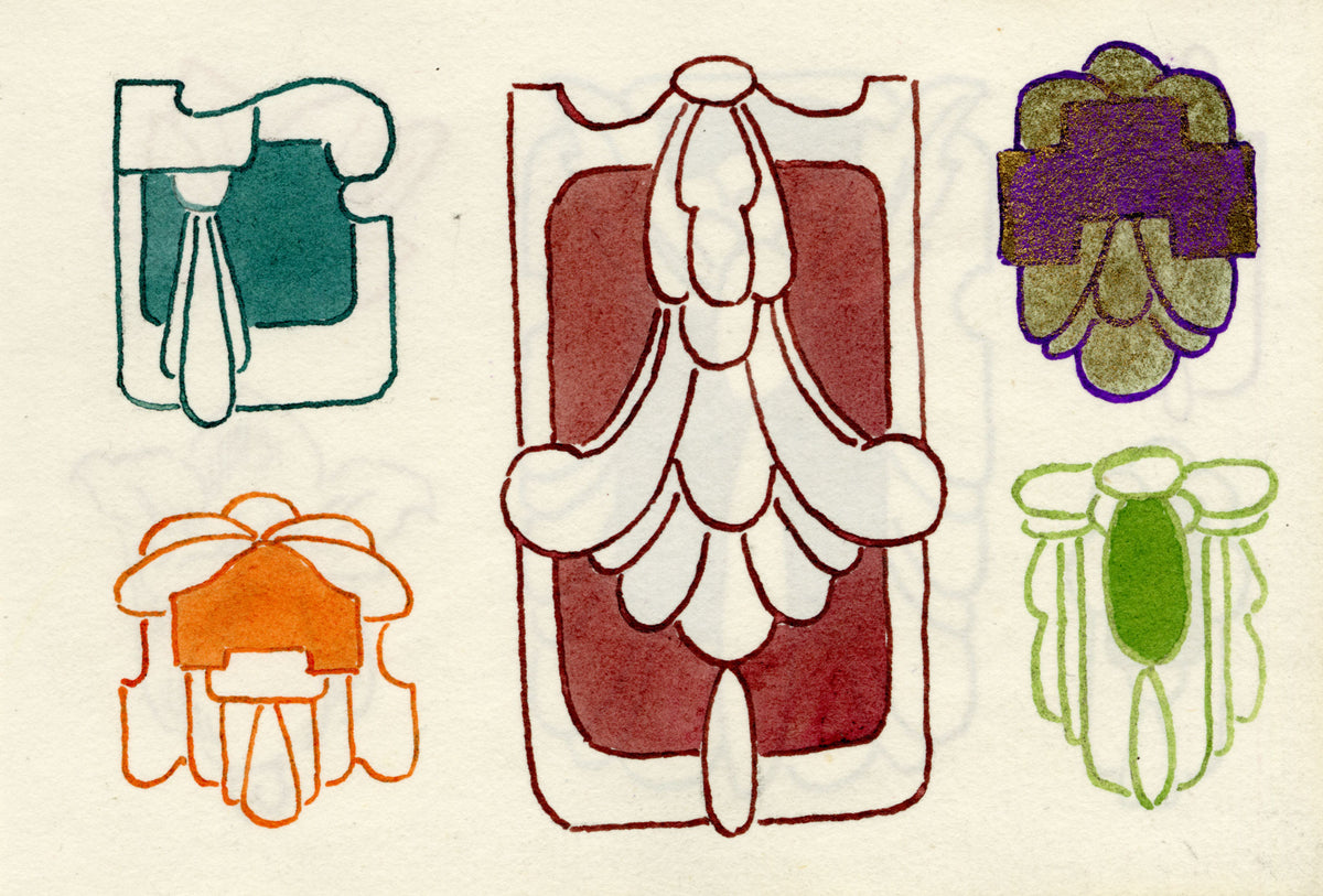 Pickford Robert Waller, Decorative Art Nouveau Design Motifs & Flower Heads – 1925 pen & ink drawing